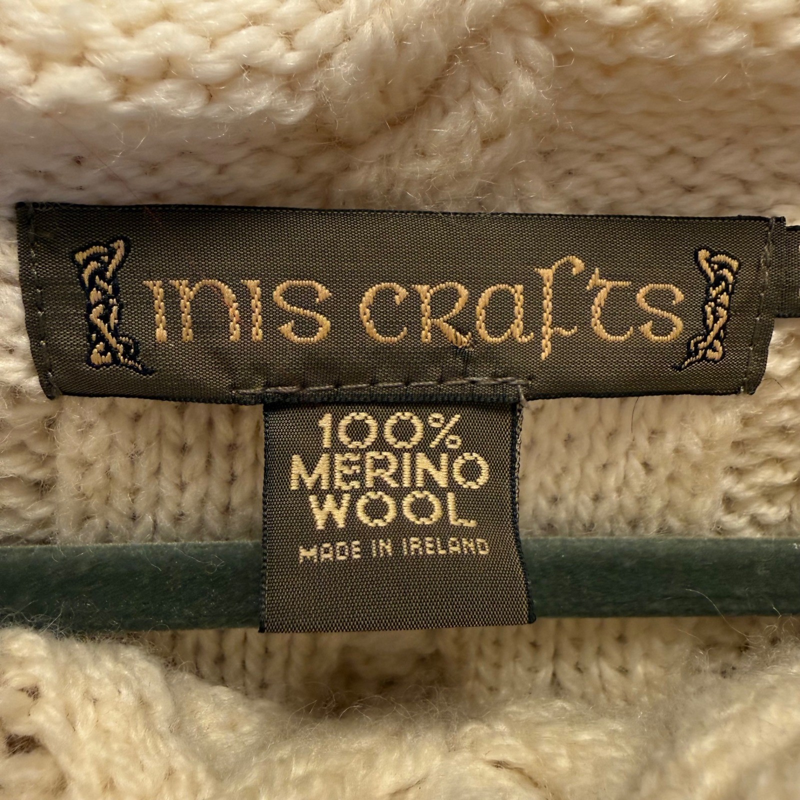 Inis Crafts Ireland Merino Wool Fisherman Cable Knit Cowl Neck Sweater Cream M L