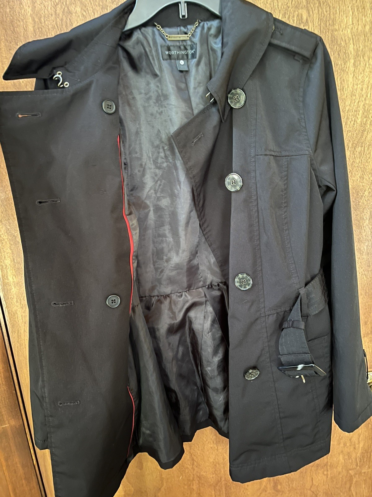 Worthing Black Trench Rain Coat Women’s Size L Mid Length Jacket Belted Classic