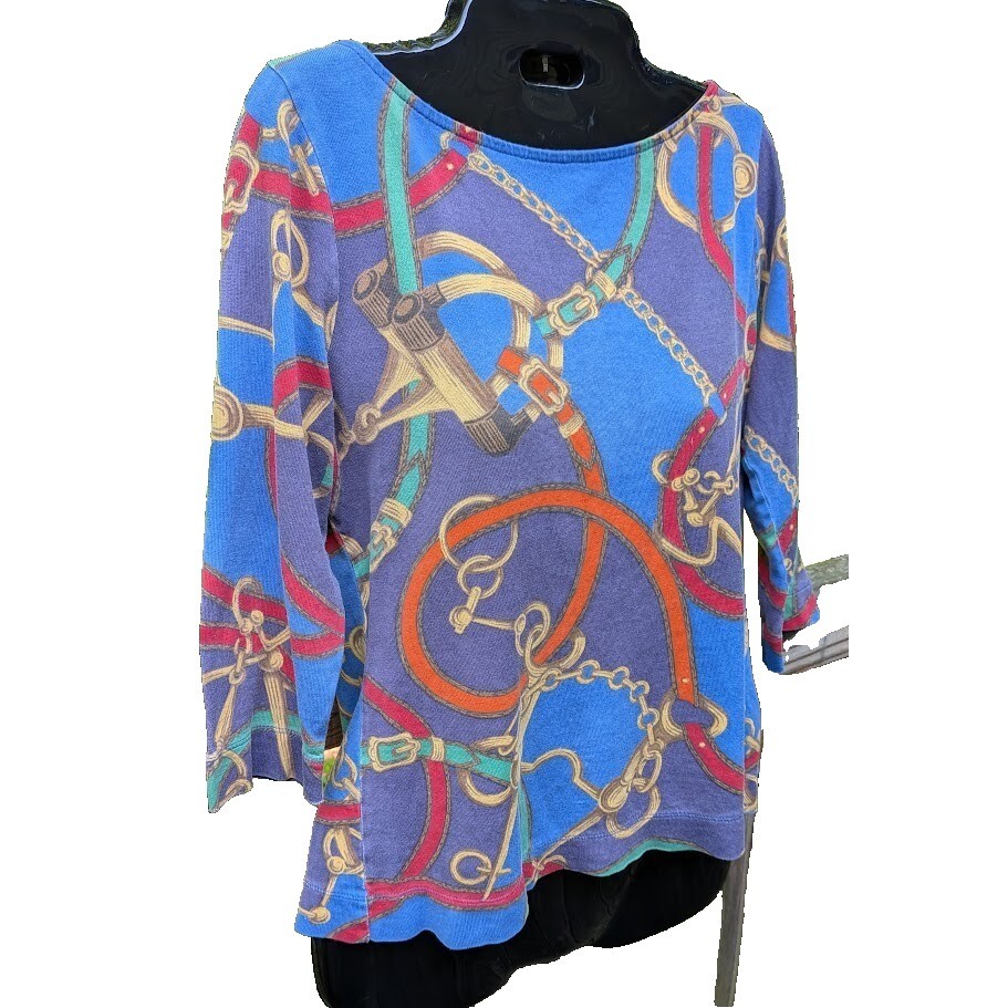 Ralph Lauren Women Equestrian Top PL Horse Tack Western Preppy Old Money Classic