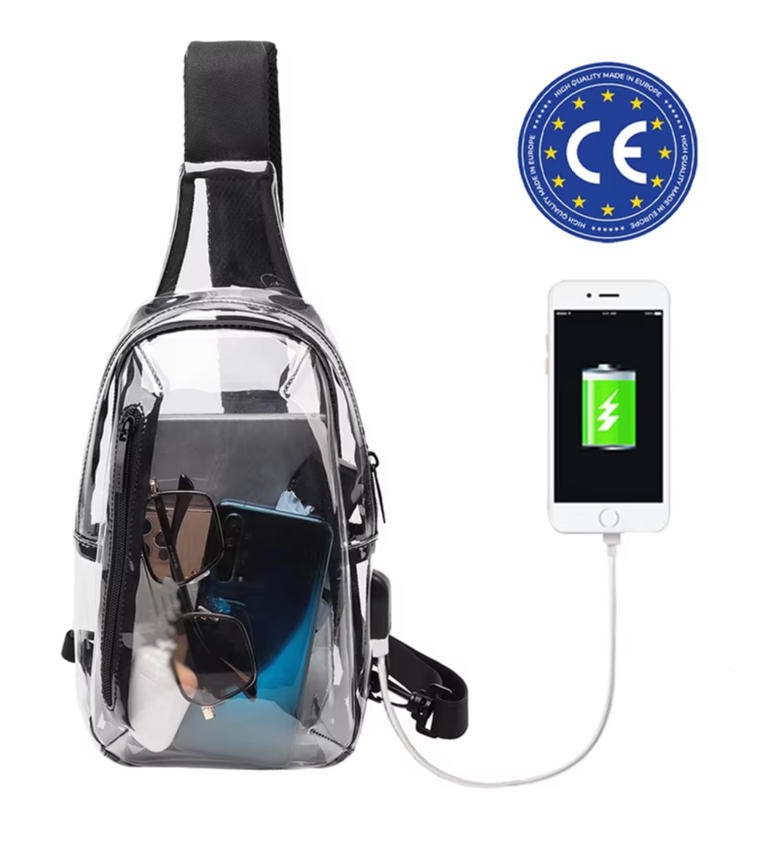 Clear USB Tote Bag PVC Zipper Stadium Approved Shoulder Handbag Purse Chest