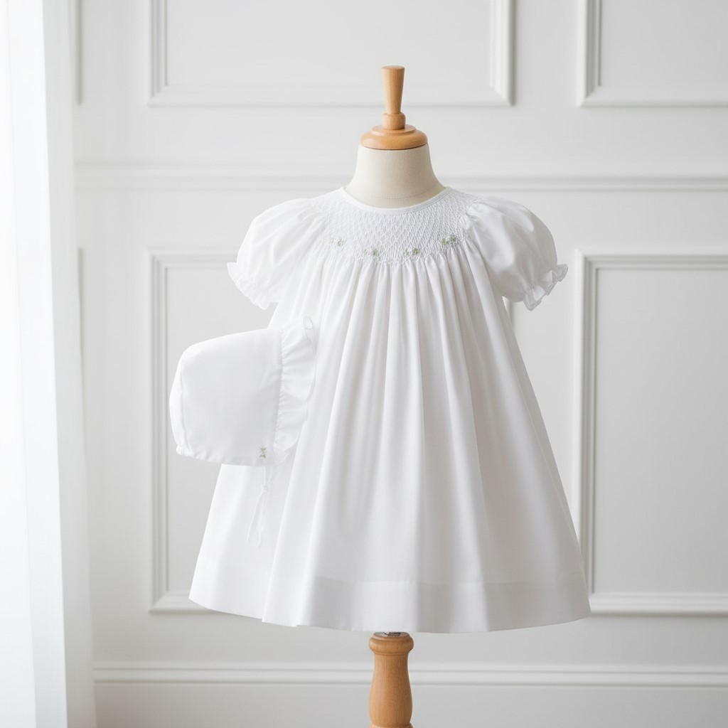 NWT Petit Ami White Bishop Smocked Newborn Baby Girls Dress Daygown Bonnet NB