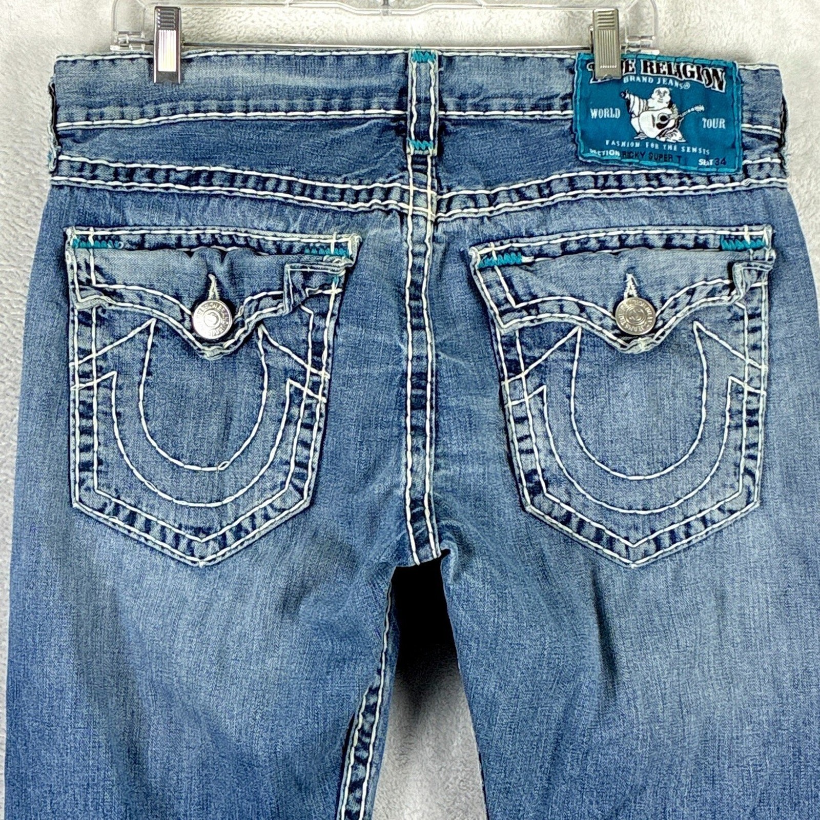VTG True Religion Jean Men 36 Ricky Super T Faded Whiskered Thick Stitch Y2K USA