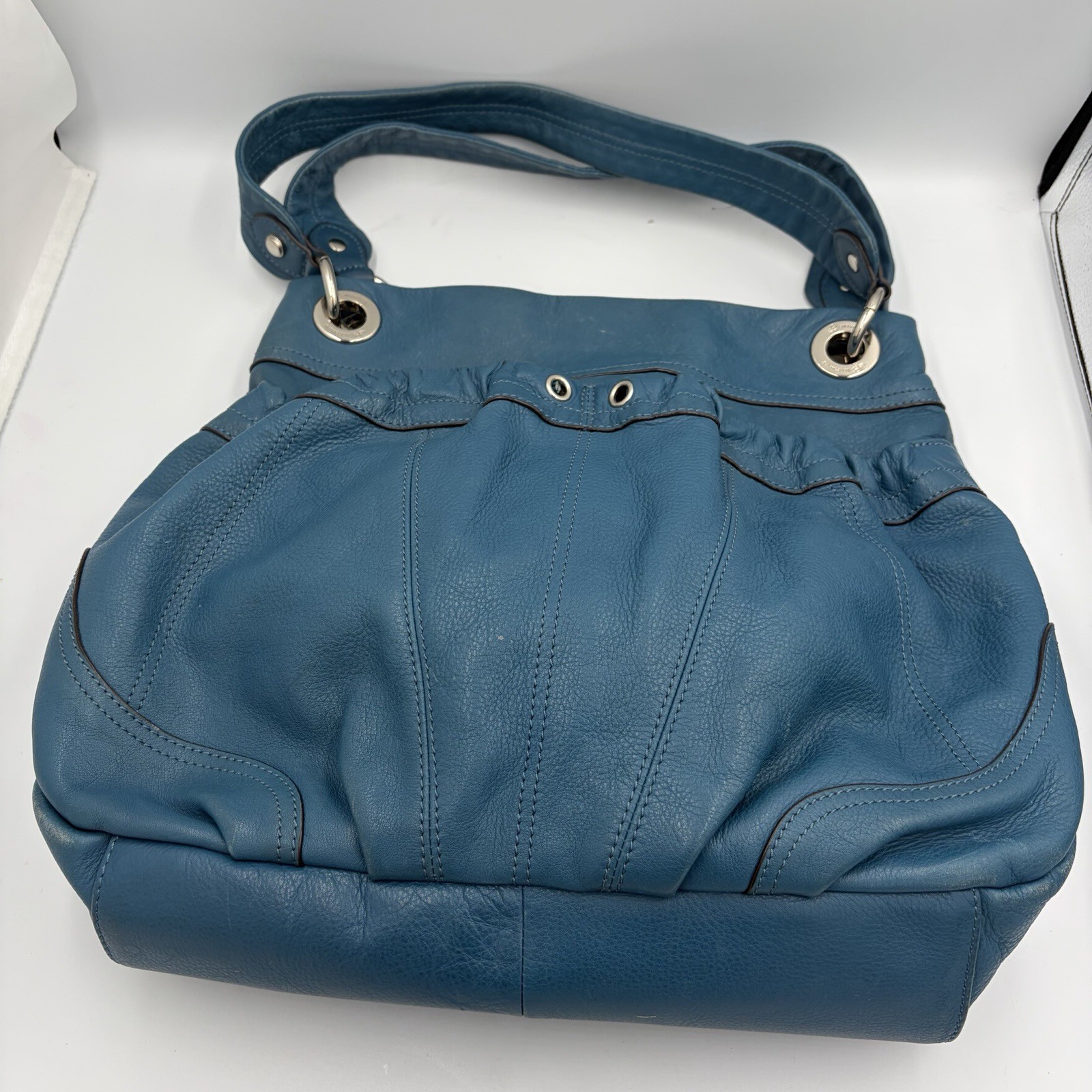 B Makowsky Teal Blue Pebbled Leather Hobo Shoulder Bag Large Silver Hardware
