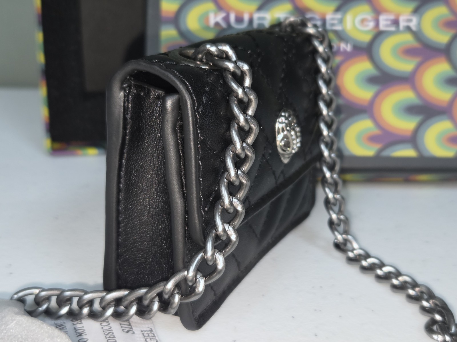 New! Kurt Geiger London Black Mini Crossbody Chain Strap Eagle Logo Snap w/ Box