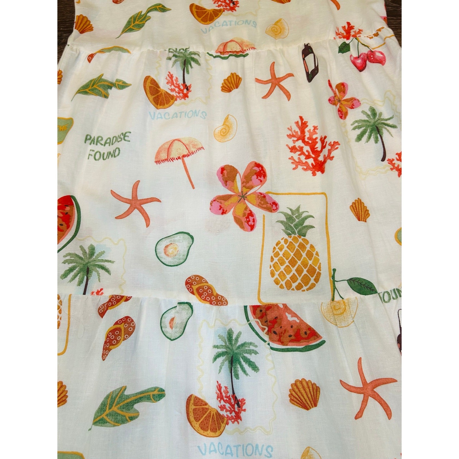 Tropical Vacation Print Tiered Midi Dress Womens L XL Beach Palm Fruit Sundress