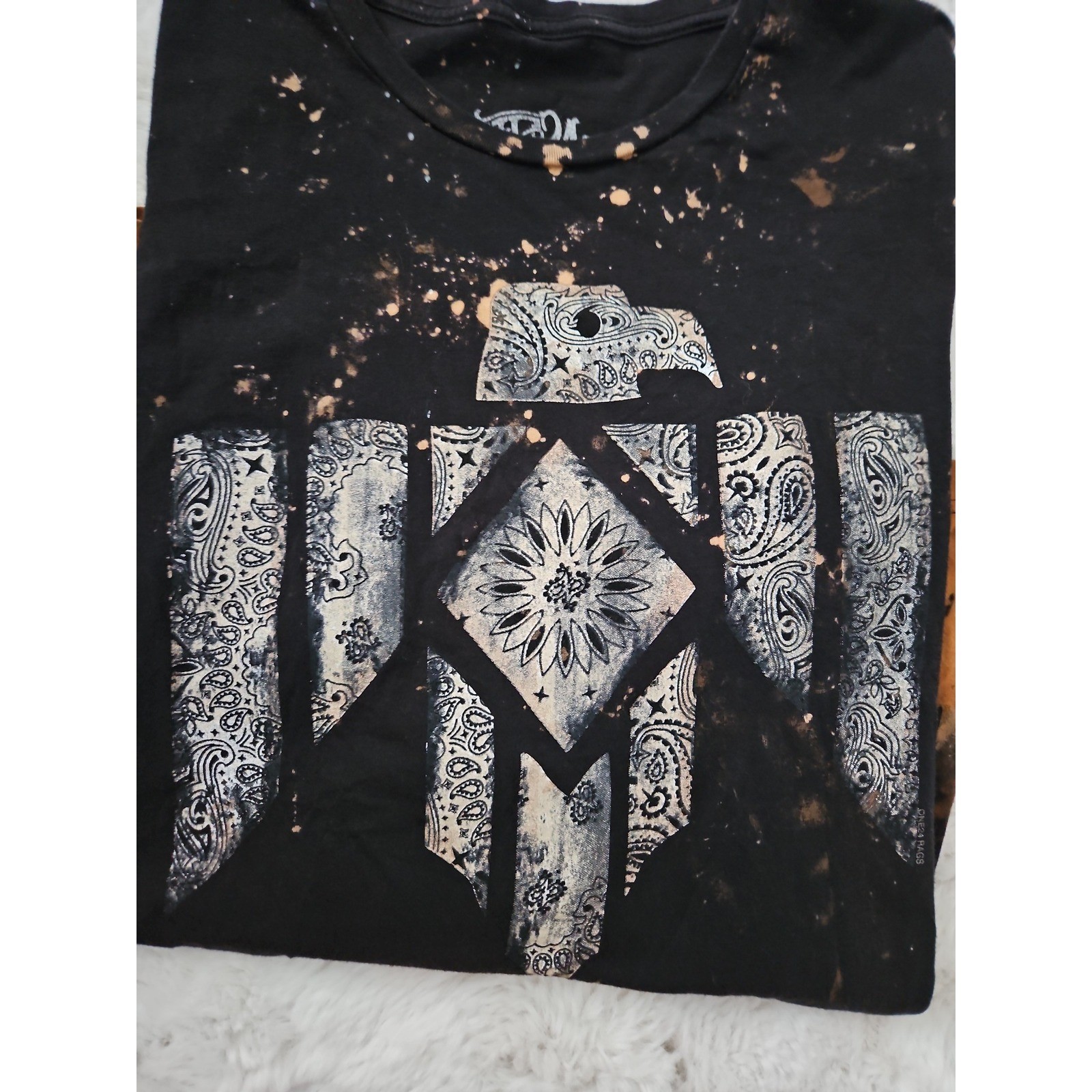 One24 Rags Bleached Thunderbird Graphic Tee Large Black Orange Acid Wash Grunge