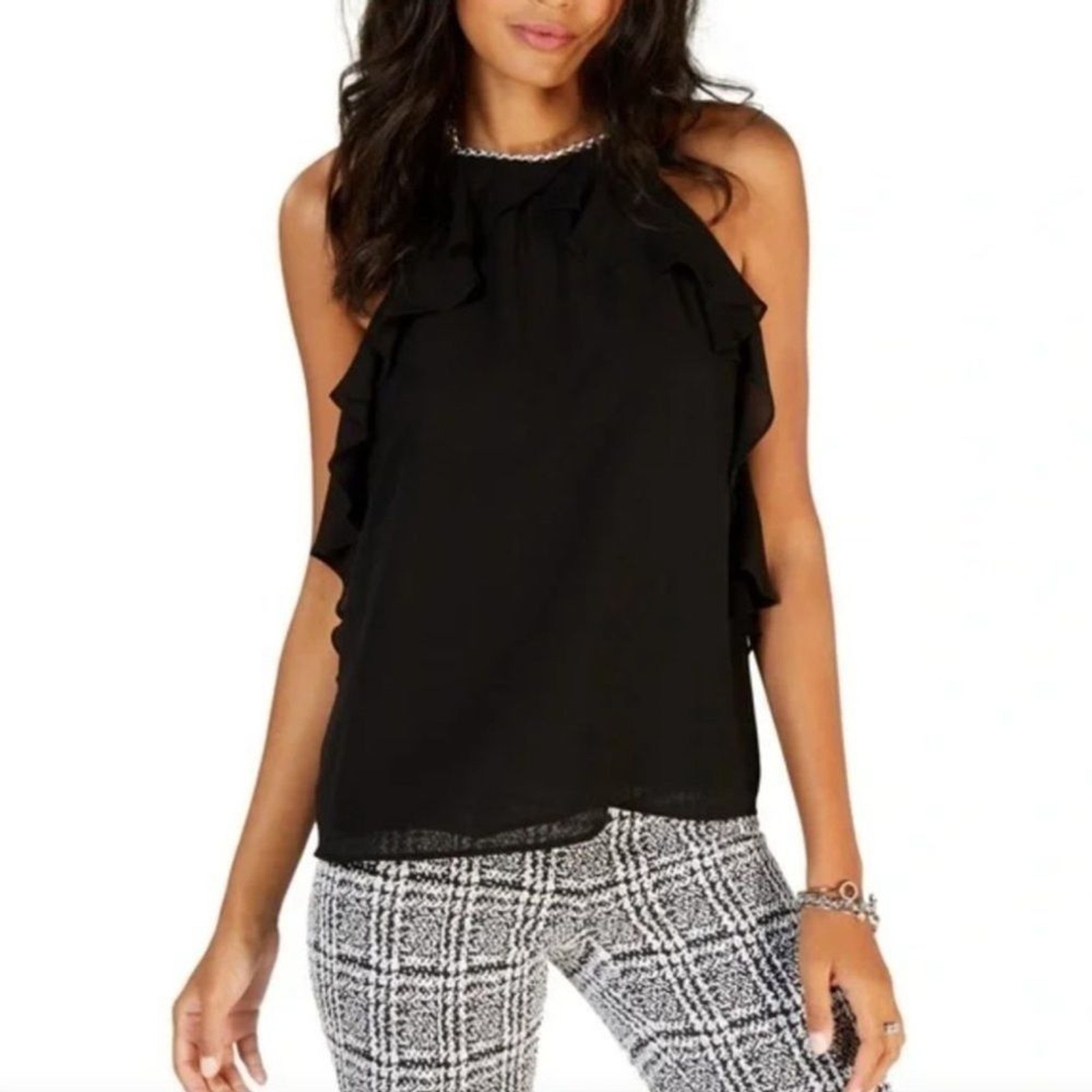 Michael Kors Black Halter Blouse Tiered Ruffle Size XXS Coastal Resort Festival