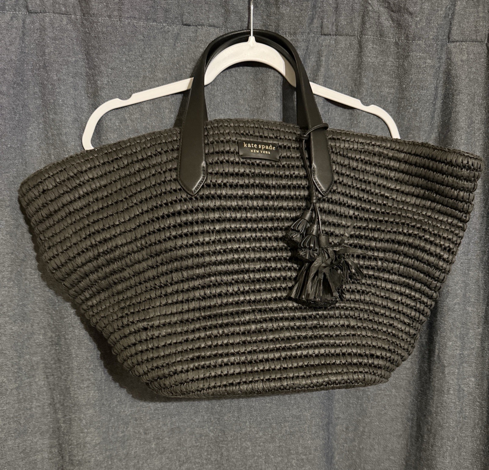 Kate Spade New York Black Woven Tote Tassel Dust Bag Tie Closure Trapezoid