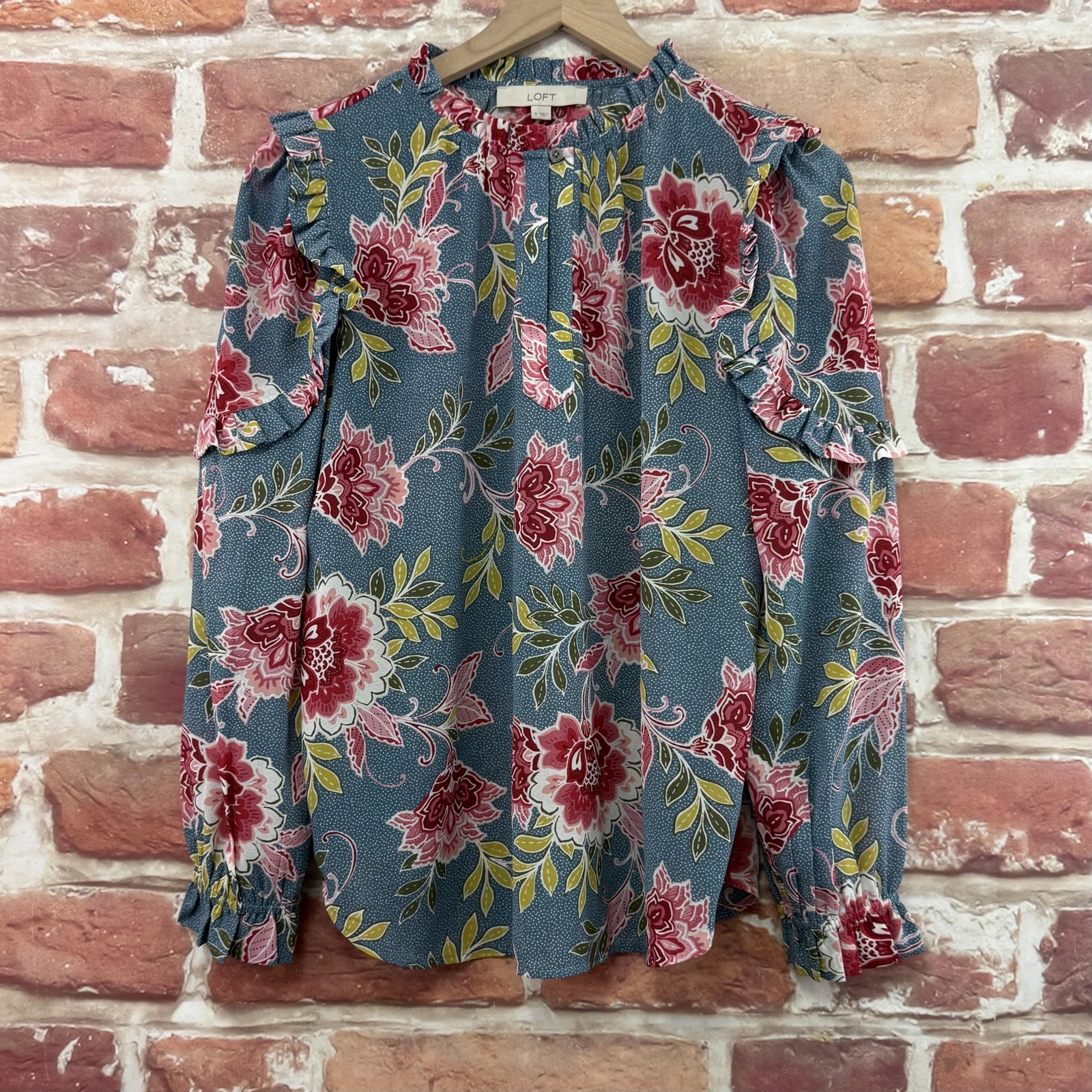 Ann Taylor Loft Top Womens S Multicolor Garden Floral Chic Micro Polka Dot Shirt