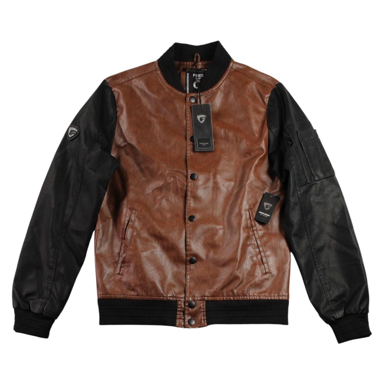 Fried Denim Jacket Mens M Brown Black Faux Leather Bomber Varsity $89 NEW