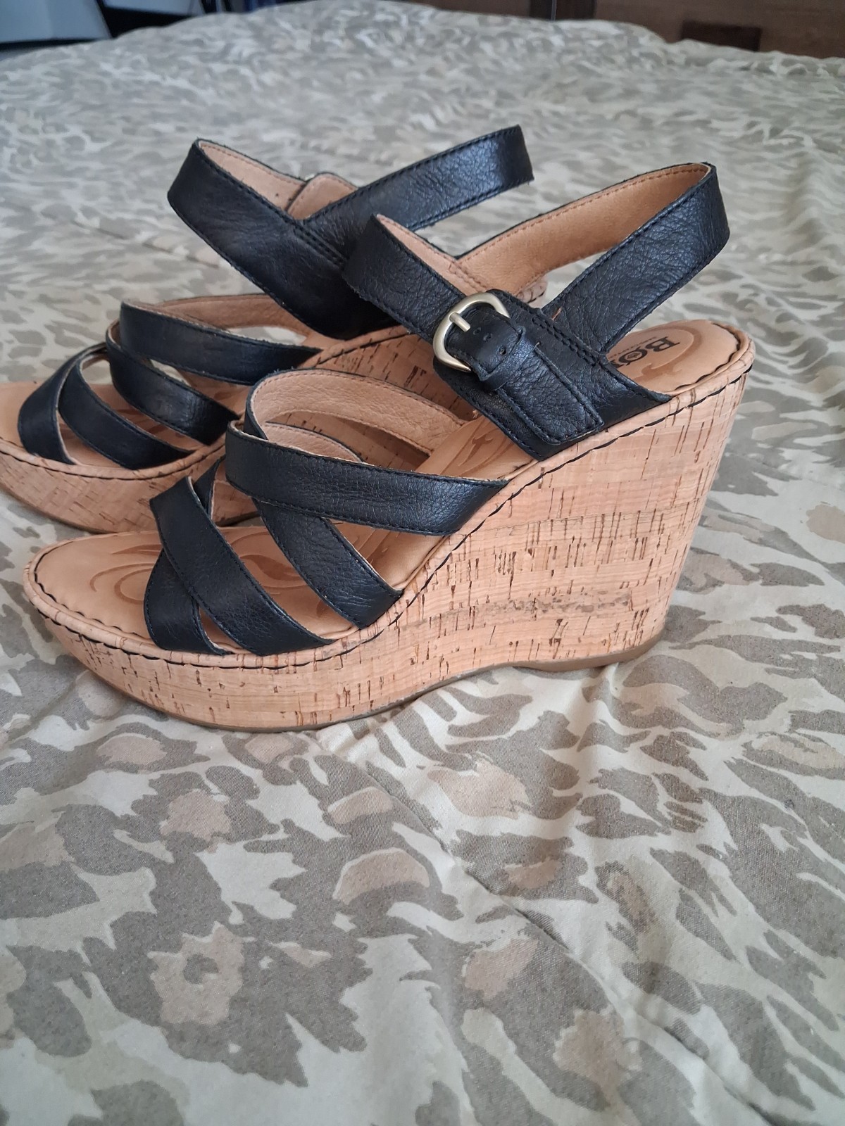 Born Black Leather Cork Wedge Sandals Women’s Size 10
