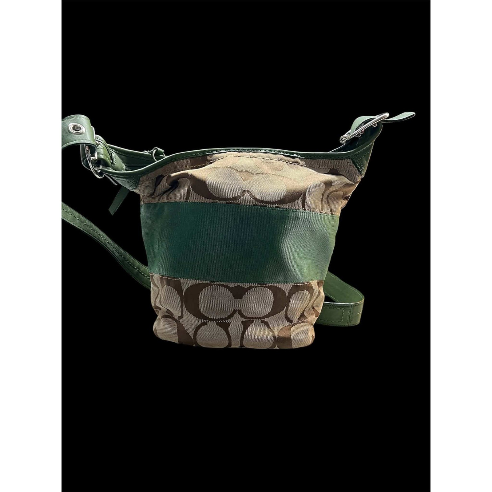 Coach Vintage Signature Canvas Green Leather Stripe Bucket Bag F13362 26-05-14