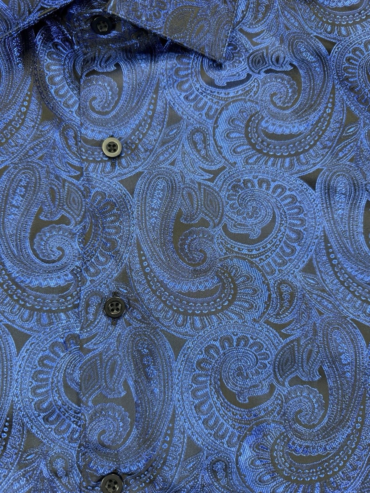 Mens Barry Wang Size Medium Blue Long Sleeve Shirt Paisley Design Dress Shirt