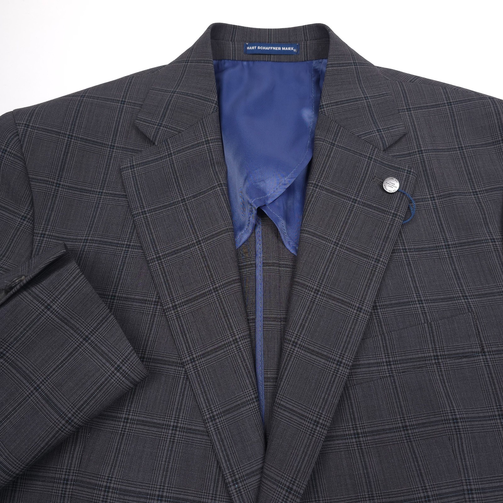 Hart Schaffner Marx Wool Suit Jacket Mens 40S Charcoal Gray Plaid NY Fit Soft