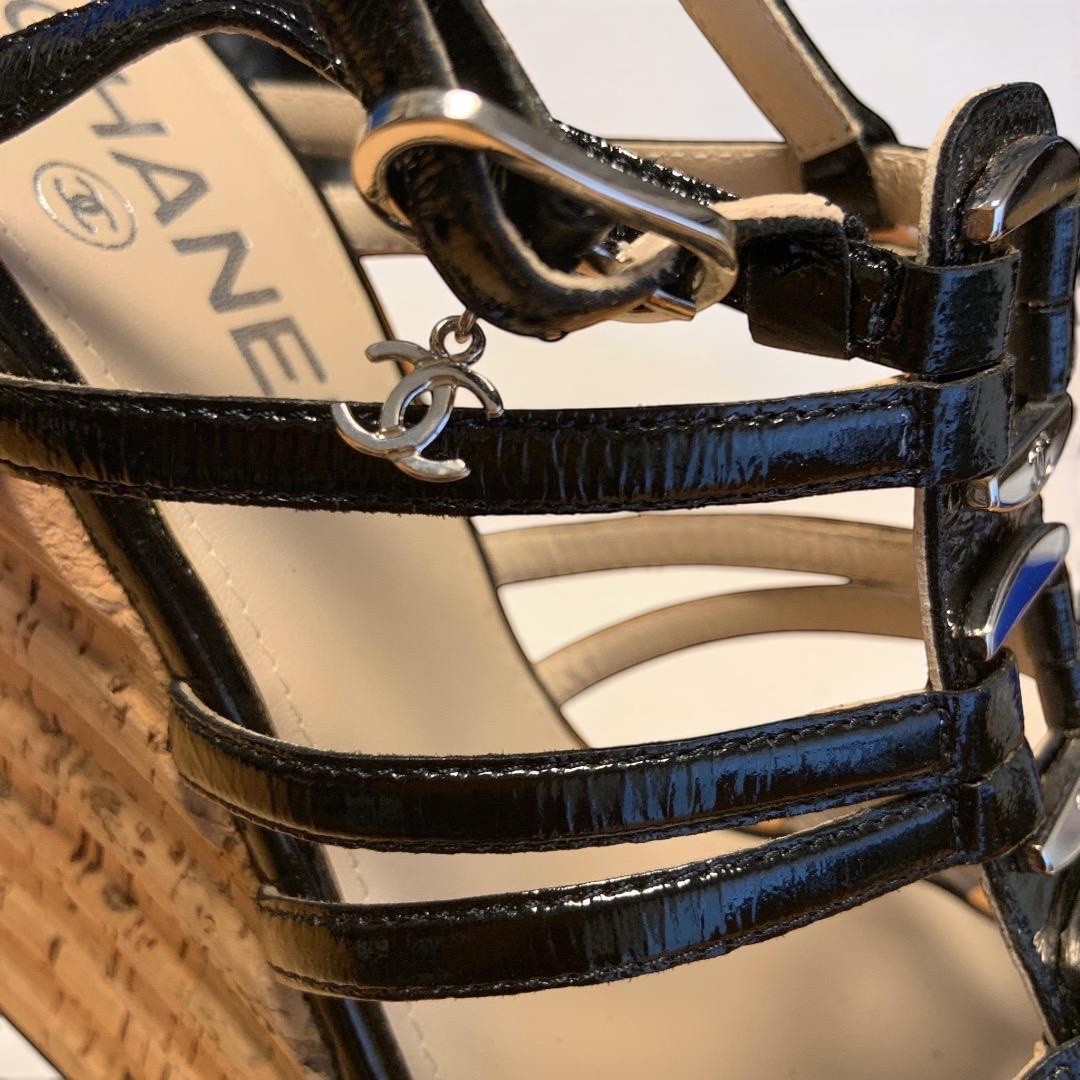 CHANEL CC Logo Coco Mark Patent Leather Strappy Cork Wedge Sandals US 5