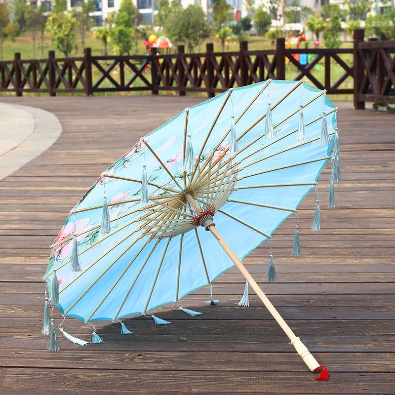 Cloth Parasol Umbrella 82cm Long Handle Silk Tassel Hanfu Cosplay Photo Prop