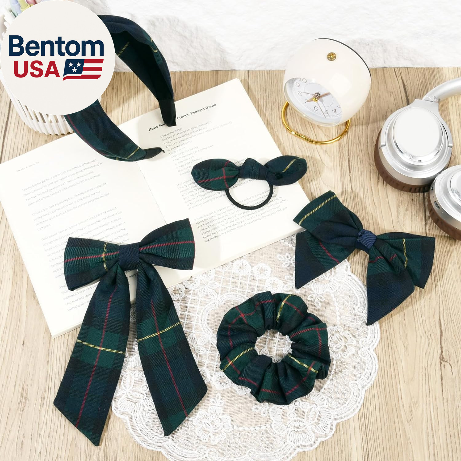 5 Styles Uniform Plaid Long Tail Hair Bows Knotted Headband Scrunchies Bow Set A