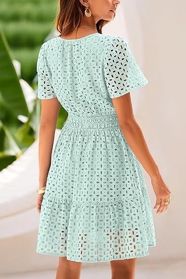 PRETTYGARDEN Womens 2026 Summer Short Dress V Neck Short Sleeve A Line