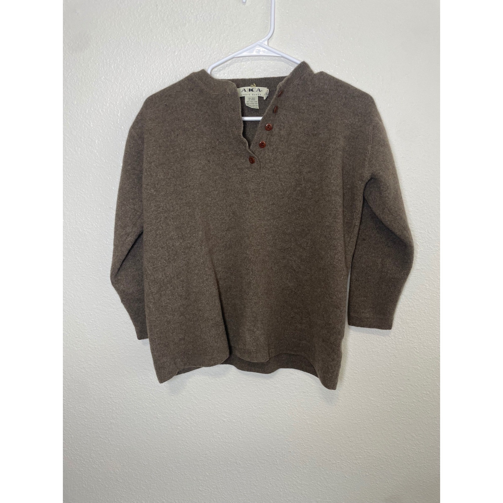 Eddie Bauer AKA Henley Sweater Womens M Petite Brown Excellent 100% Wool Knit