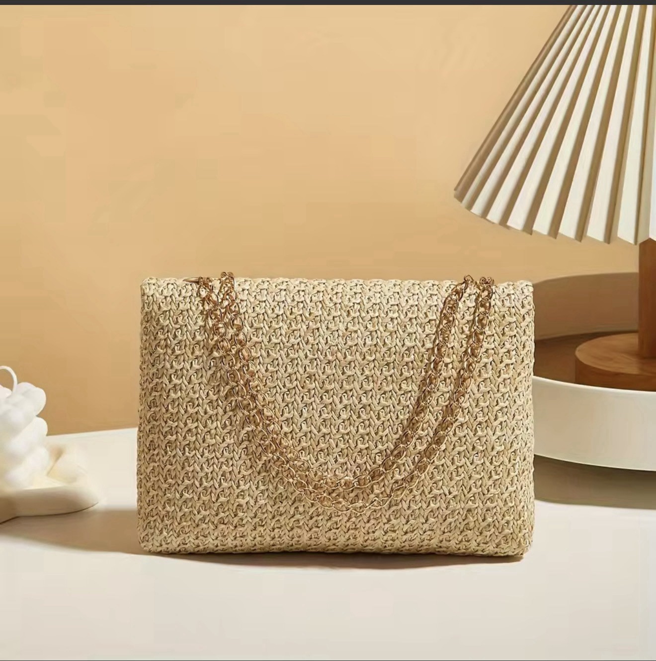 Women’s Small Beige Woven Rectangle Shoulder Bag Gold Chain Strap Turn Lock