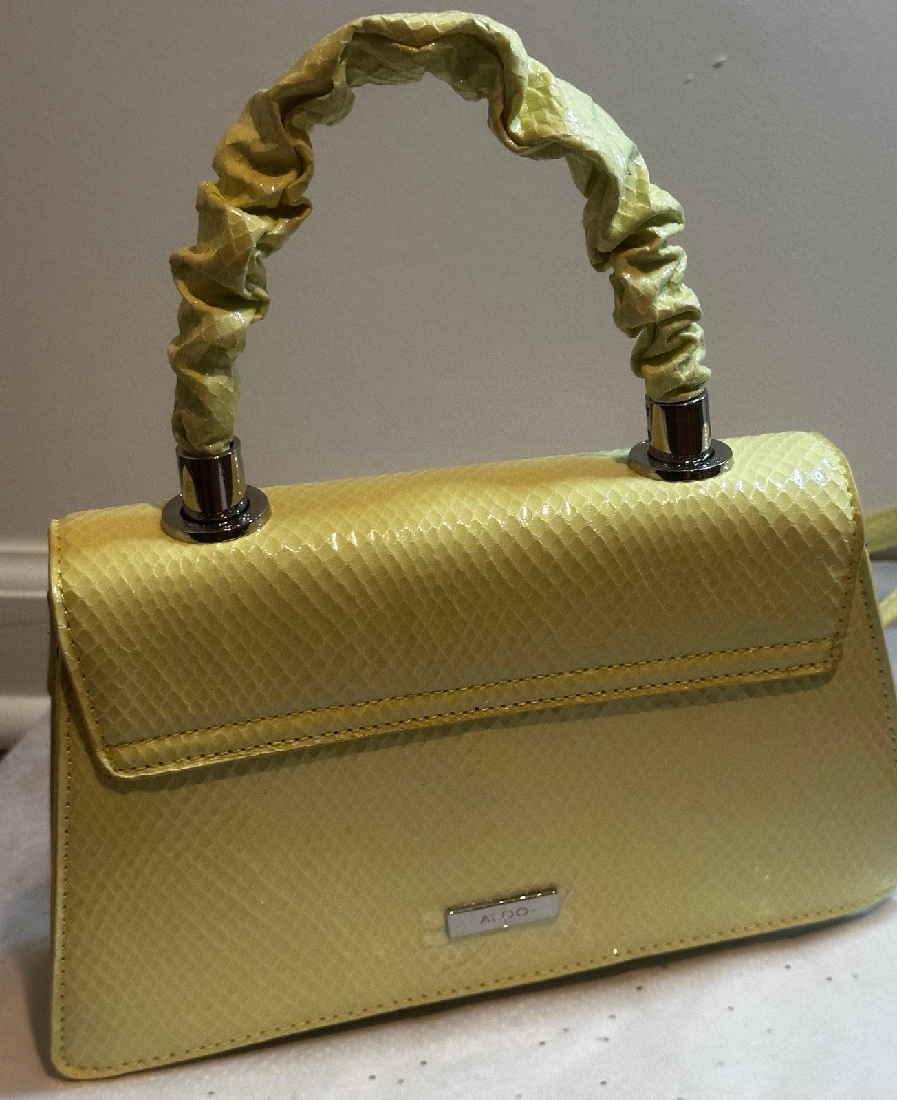 ALDO Yellow Snakeskin Embossed Small Top Handle Satchel Flap, Detachable Strap