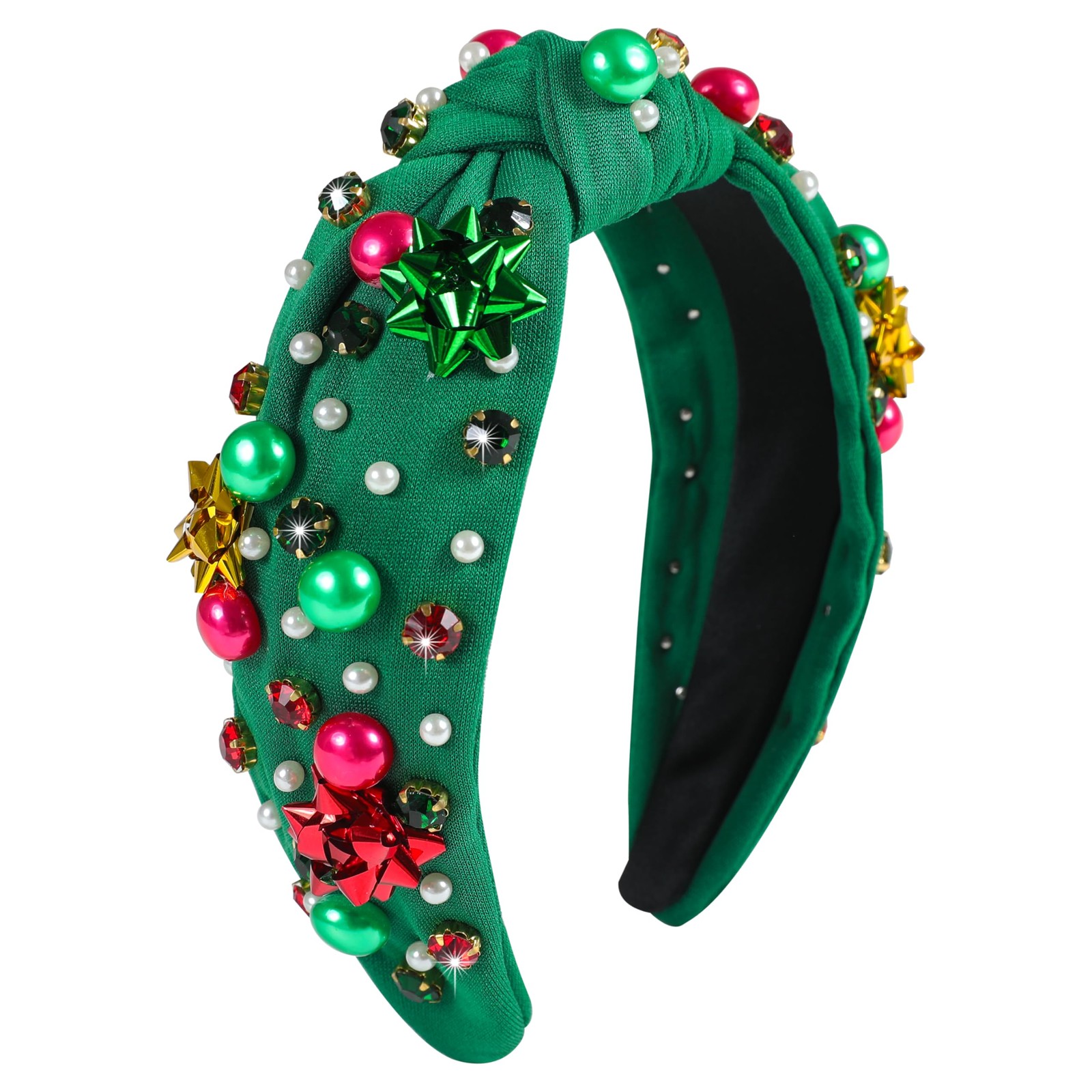 Christmas Jeweled Knotted Headband Red Green Bow Rhinestone Pearl Hairband
