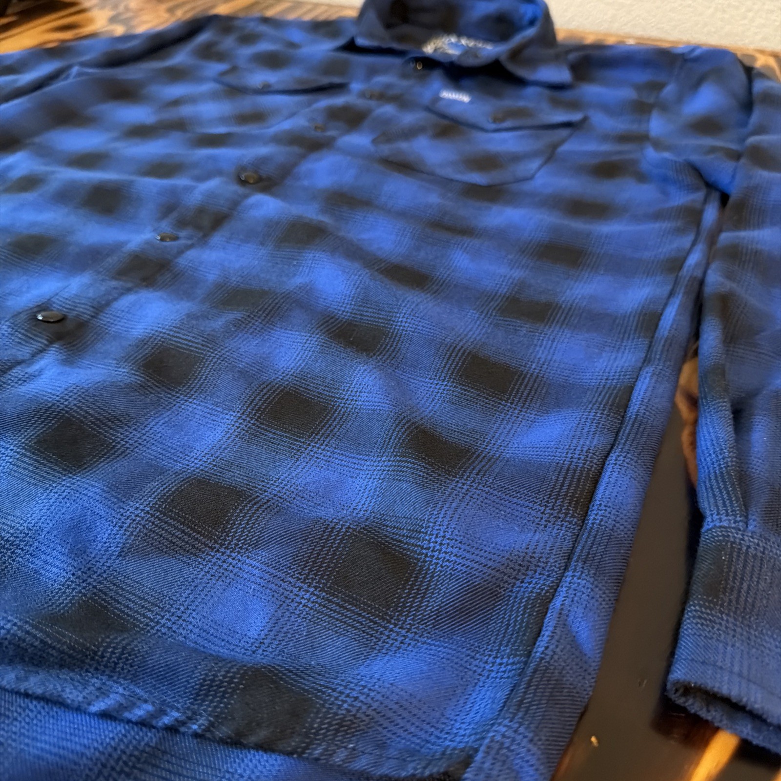 Dixxon Flannel The Circle Pit Blue Black Plaid Snap Button Shirt Men’s M Rare