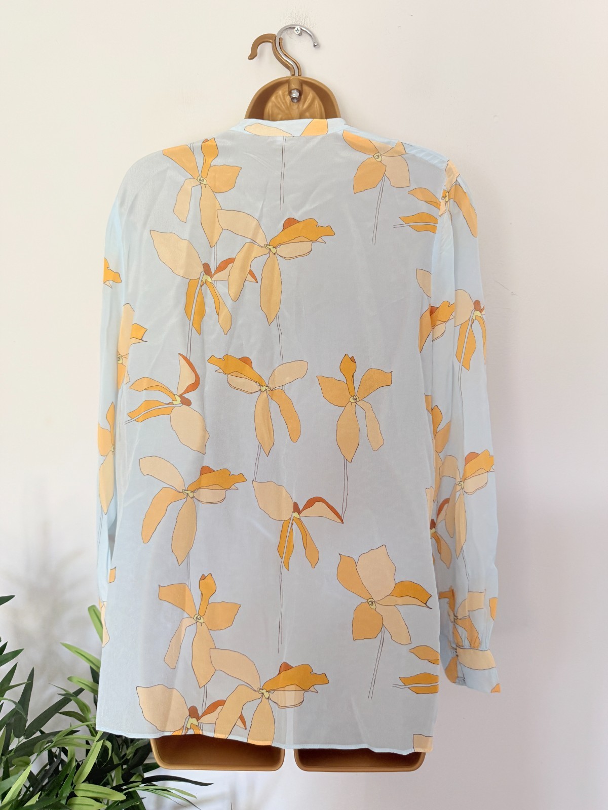 Reiss Blouse Womens UK 10 Light Blue Floral Long Sleeve Split Neck Pleated