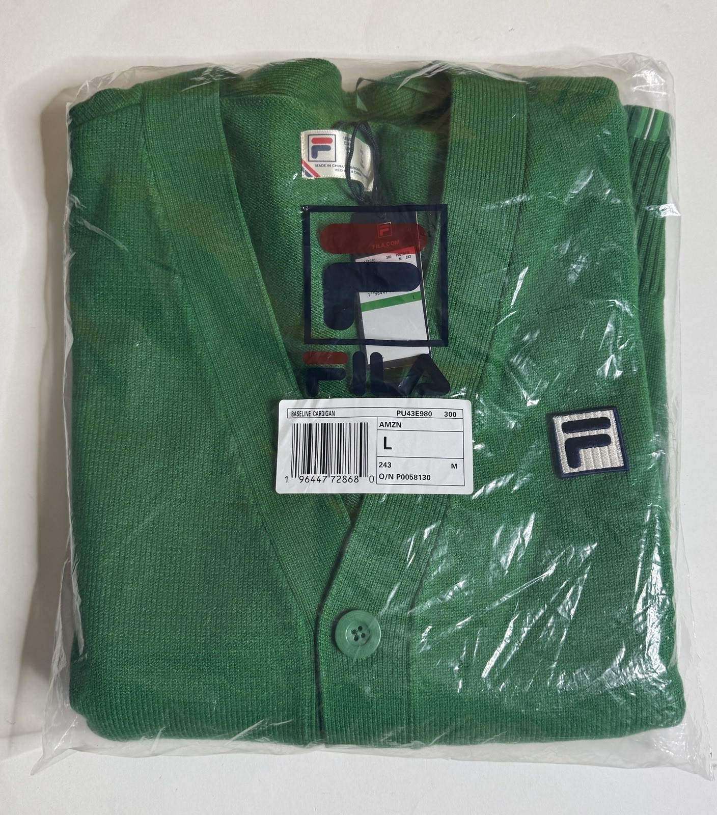 FILA Men’s Baseline Cardigan – Amazon Green, Large, w/ F-Box Logo ($150 Retail)