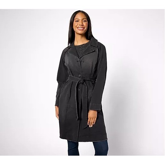 LOGO by Lori Goldstein Denim Belted Trench Coat A629604 Black Size Large NEW