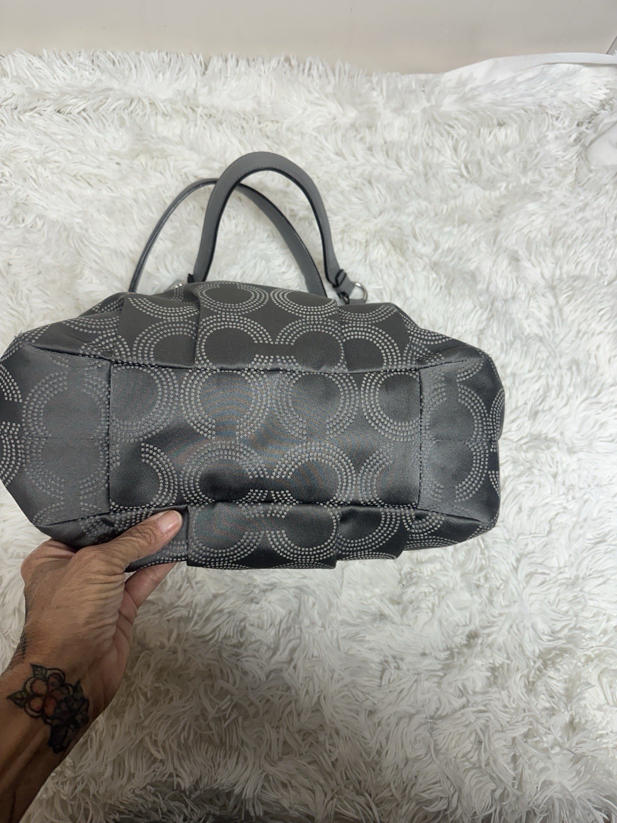 Coach Madison Maggie Dotted Op Art Gray & Silver Sateen Hobo Shoulder Bag