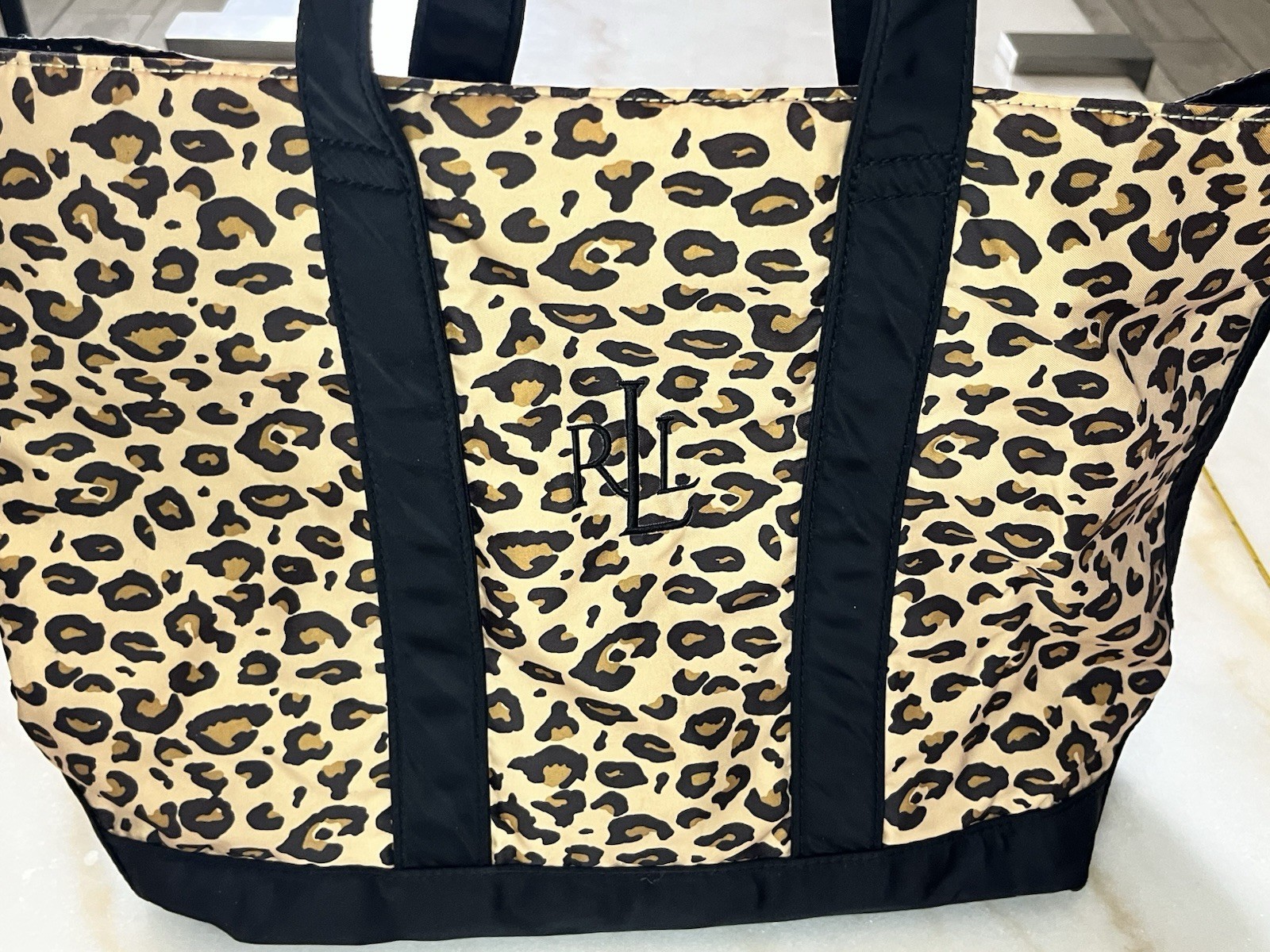 Lauren Ralph Lauren Leopard Print Tote Bag Black Trim & Handles Travel Resort