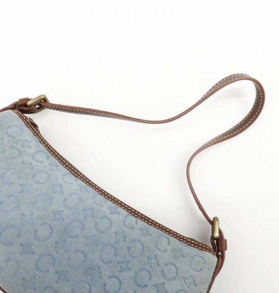 CELINE C Macadam Suede Leather Pochette Shoulder Bag (RARE Light Blue) Vintage