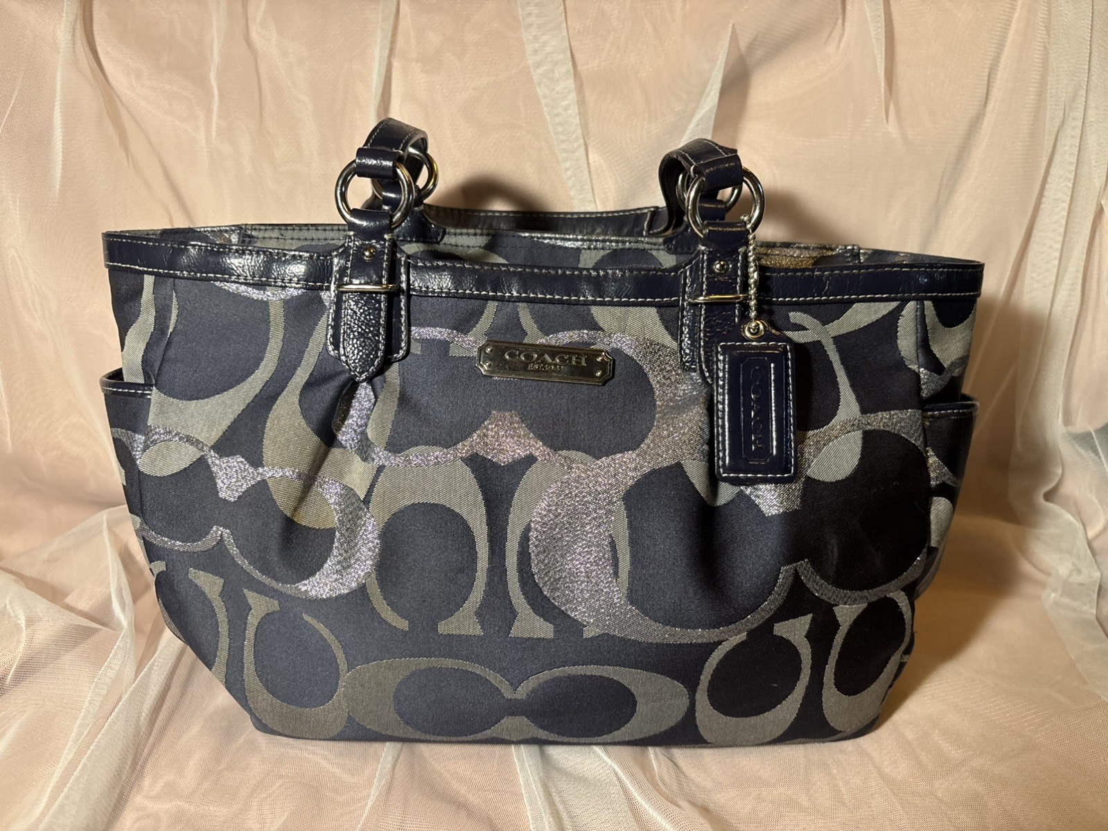 Great Condition Vintage COACH Gallery Optic Signature Metallic Tote Navy/Silver
