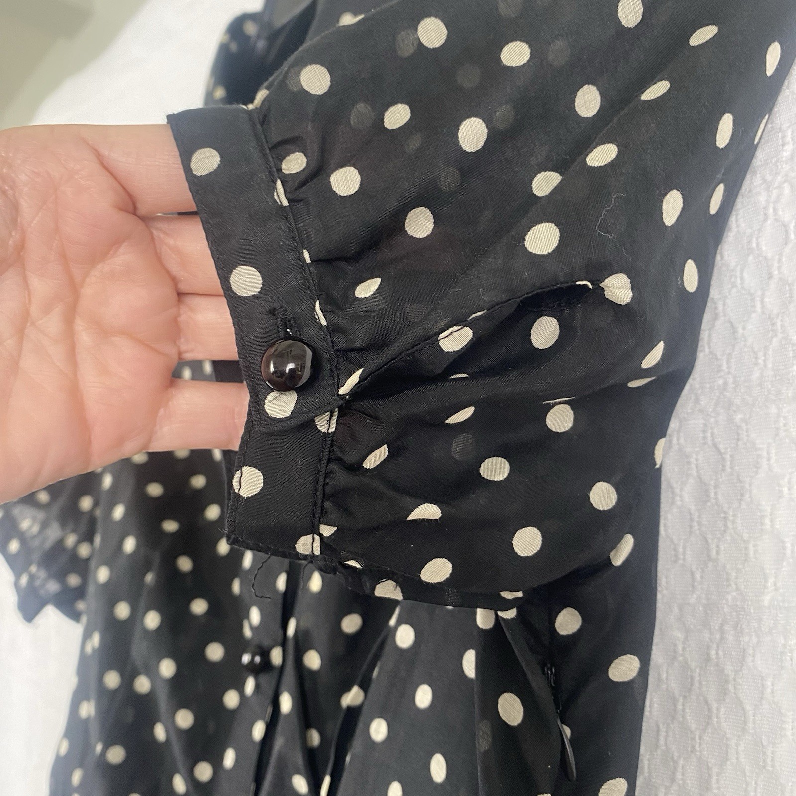 Vintage Polka Dot Dress Black Cream Silk Blend Retro Pin Up Rockabilly Fit Flare