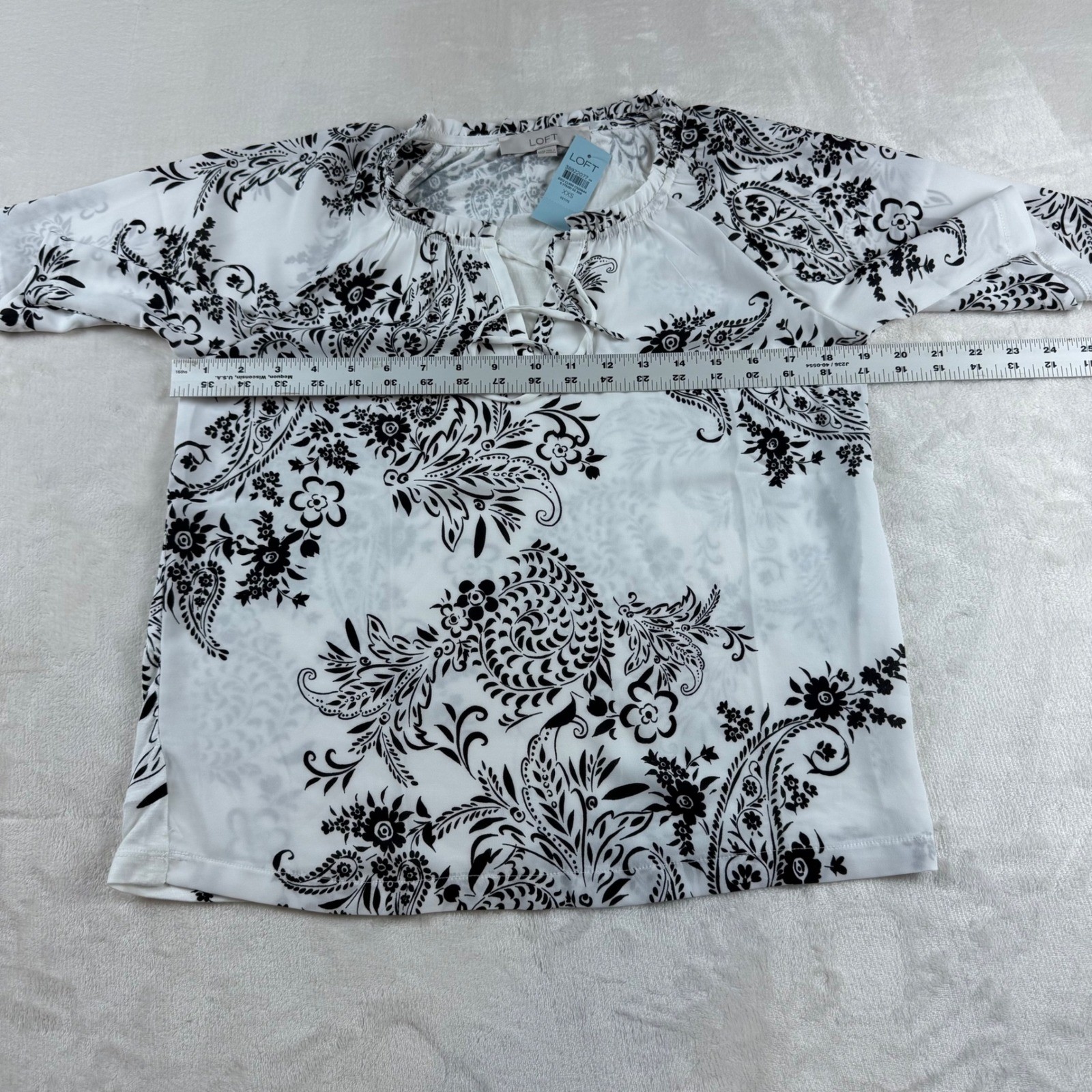Loft Mixed Media Tie Blouse Women XXS Petite White Black Tie Neck Flutter Sleeve