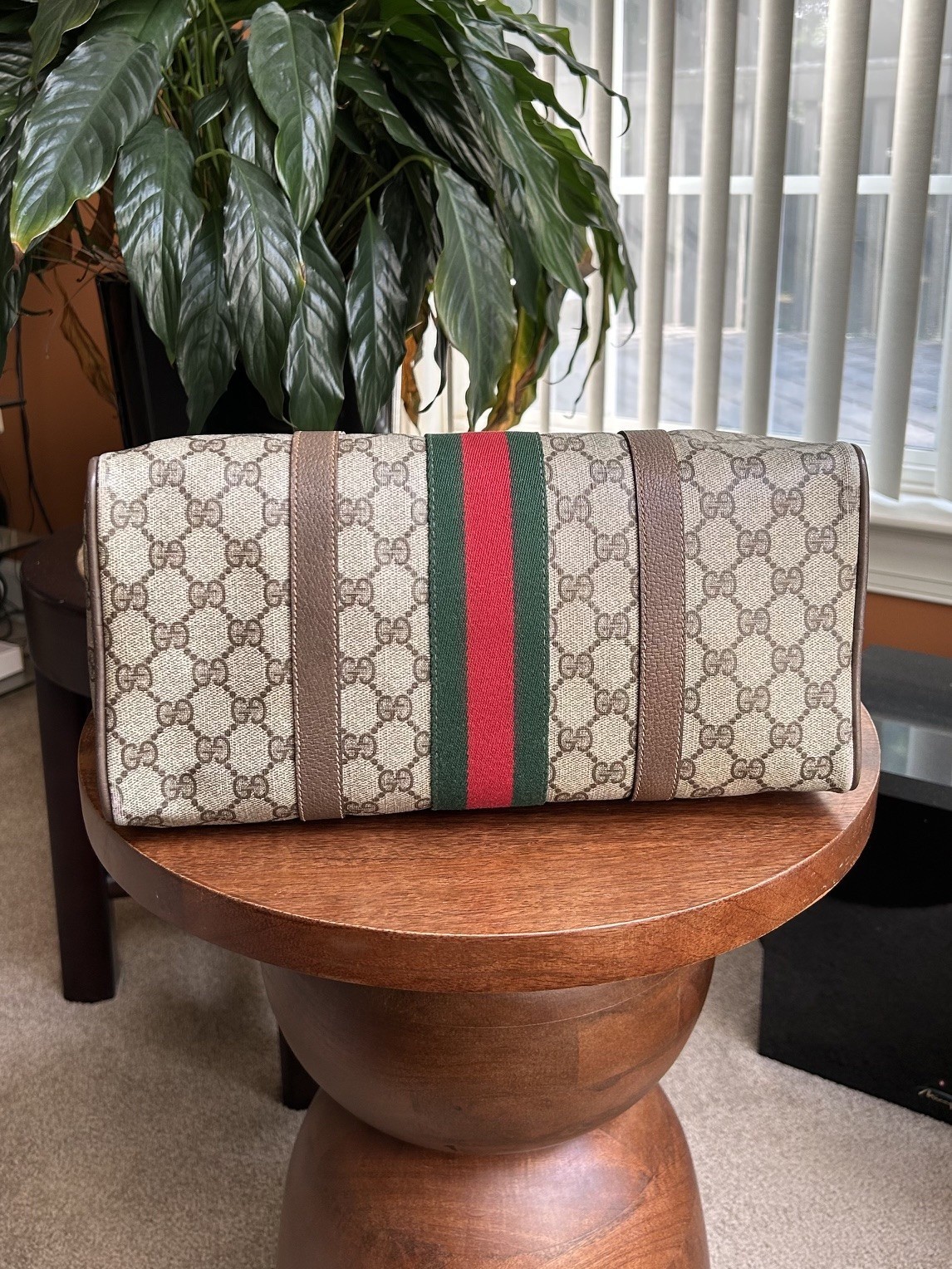 GUCCI GG Supreme Monogram Sherry Web Boston Bag, Tan