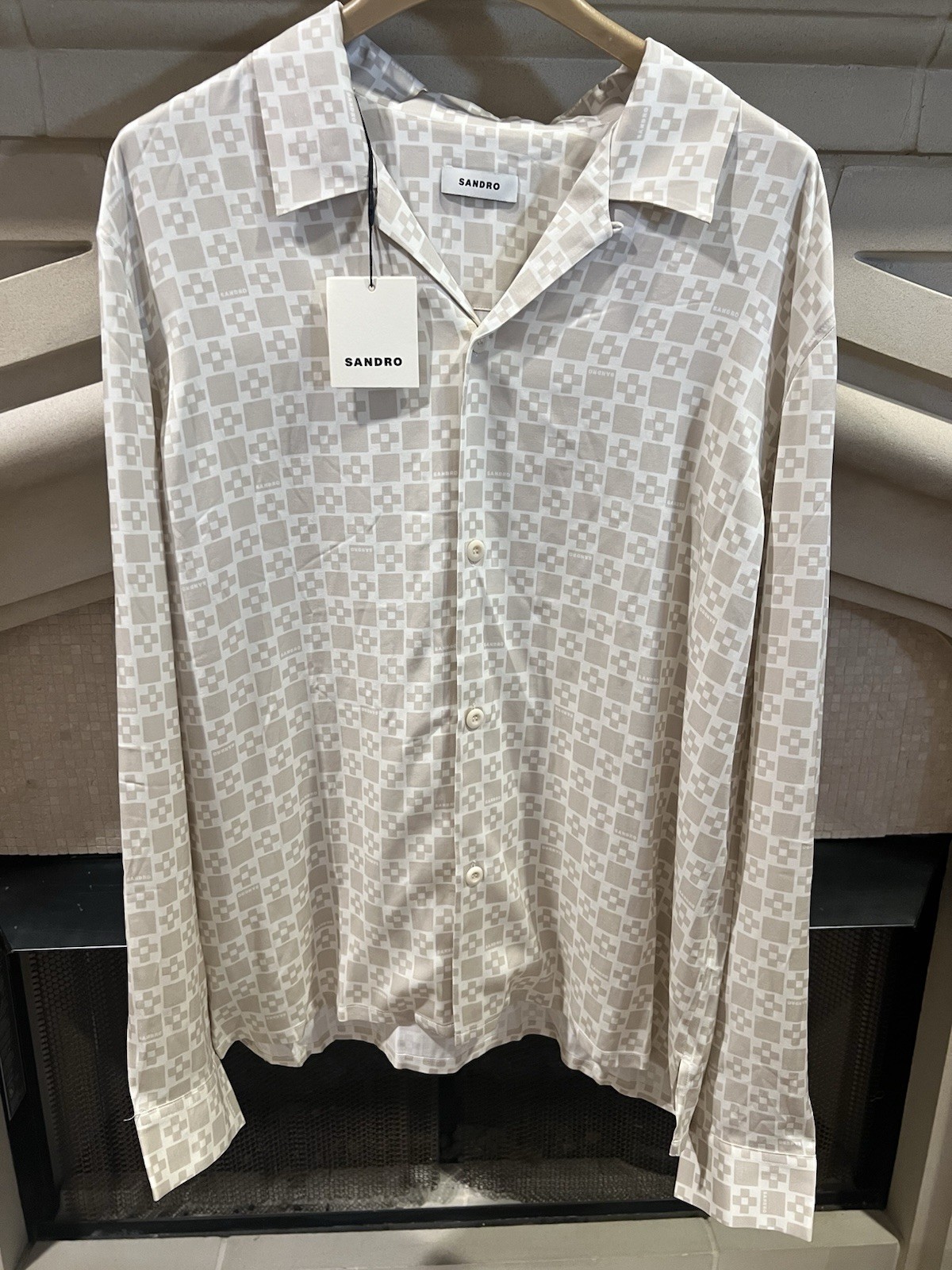 NWT Sandro Men’s Beige Ecru Logo Camp Collar Shirt Size XL