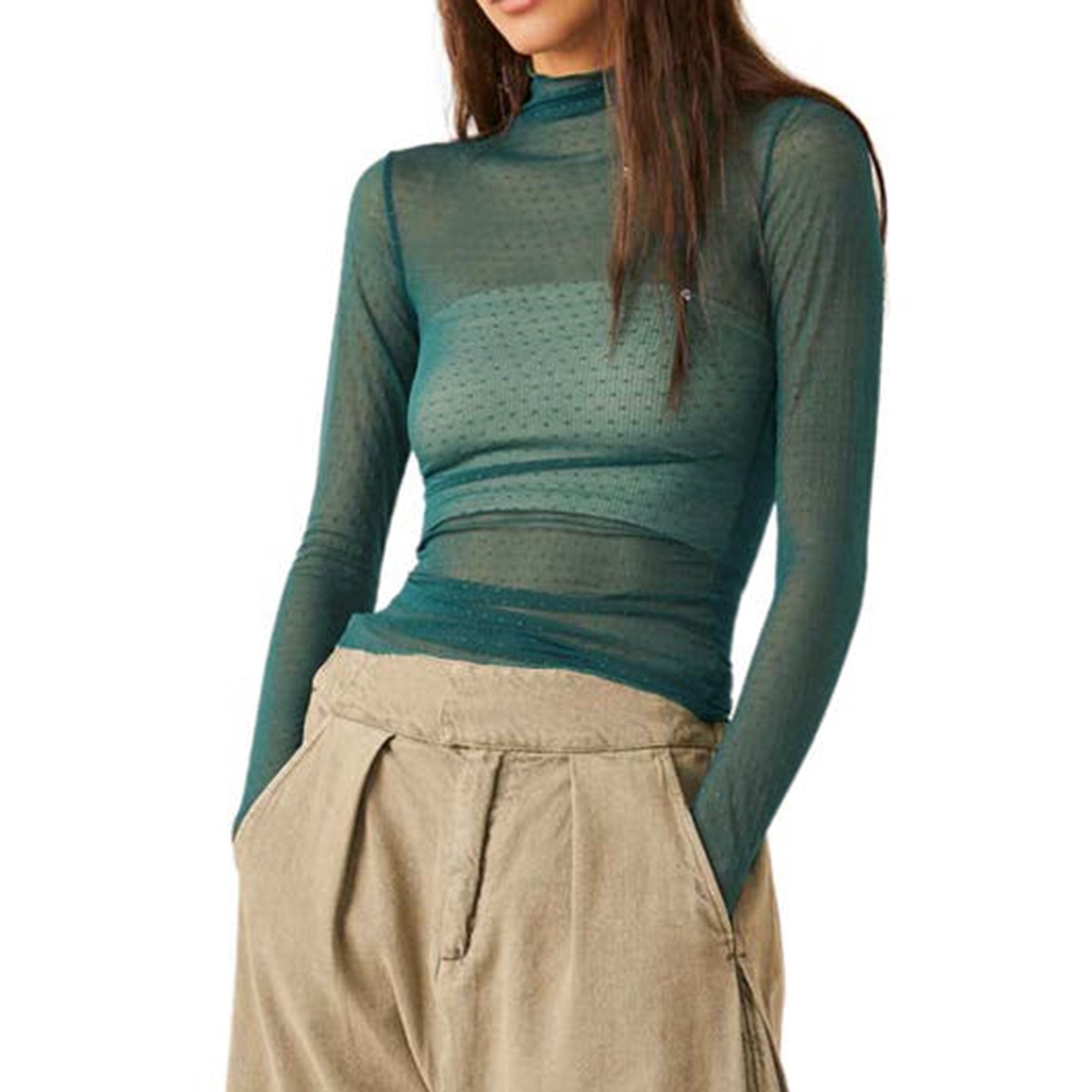Women Sheer Mesh T-Shirts Mock Neck Long Sleeve Crop Tops Retro See Through