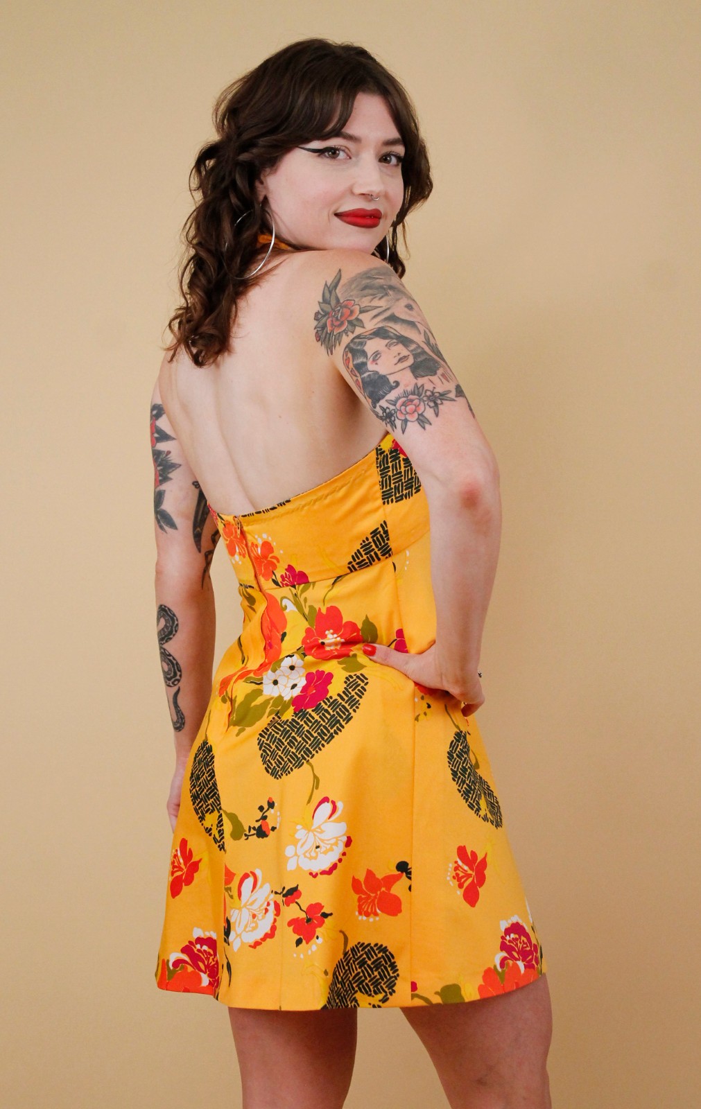 60s 70s Vtg Yellow Floral Micro Mini Dress Halter Top Mod Hawaiian Handmade Xs