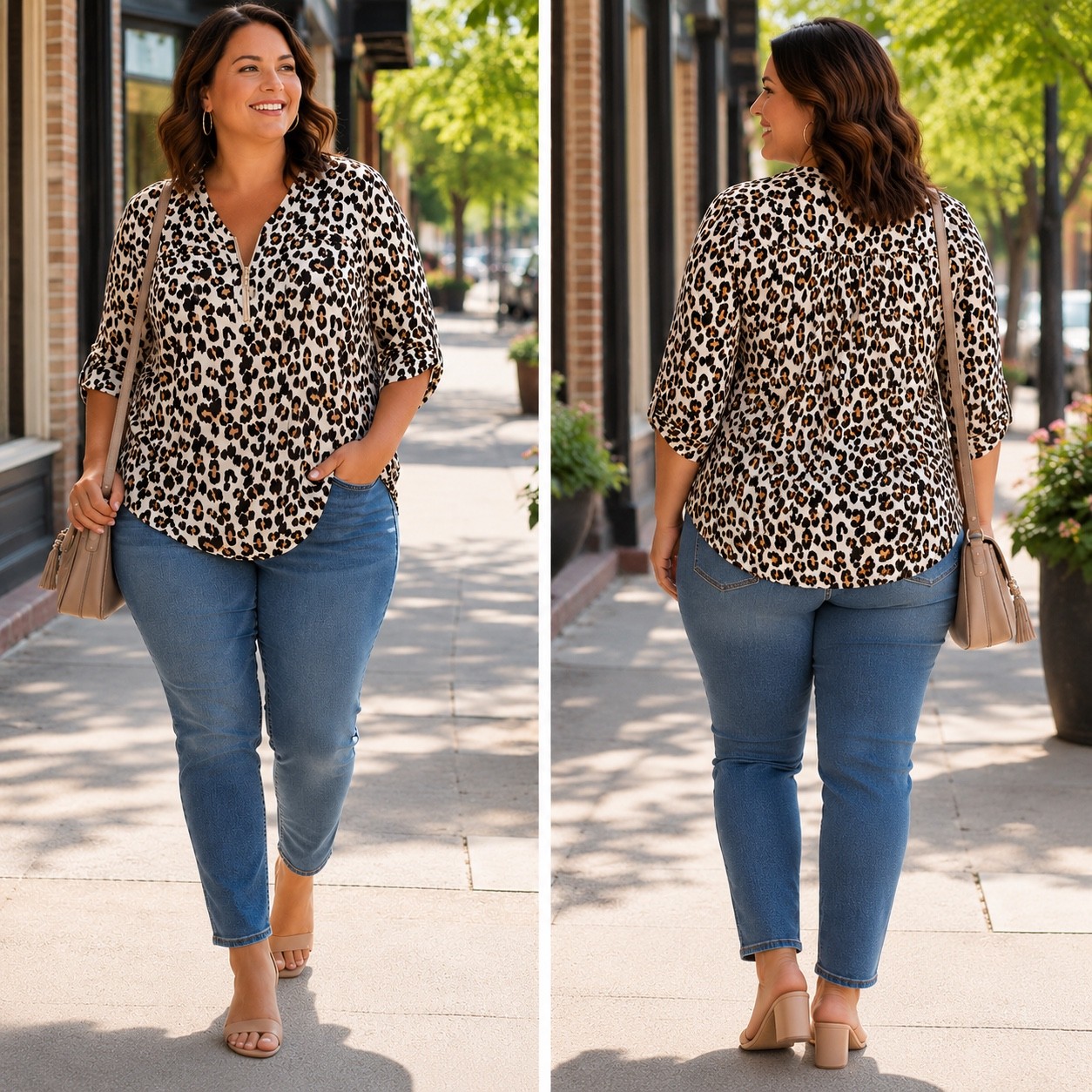 Torrid Harper Leopard Blouse 1X 14/16 1/4 Zip Georgette 3/4 Roll Tab Sleeve Top