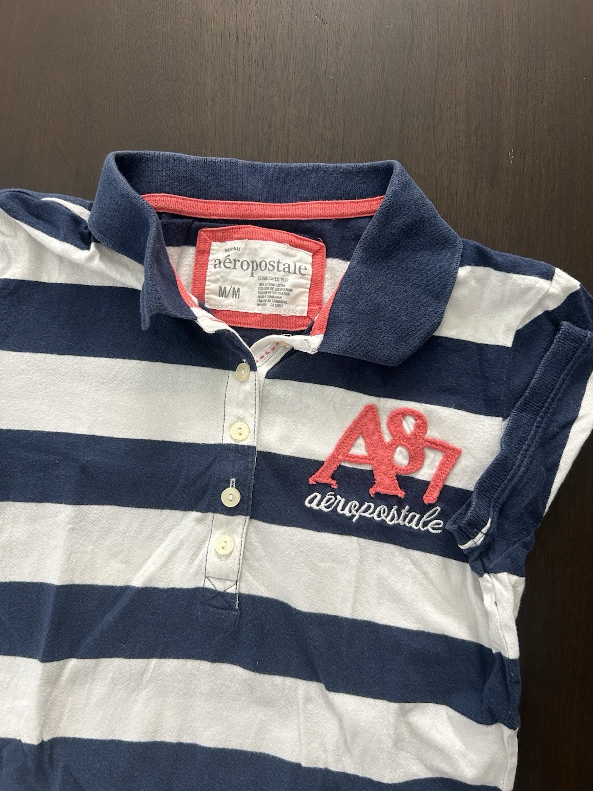 Y2K Aeropostale A87 Striped Polo Shirt Navy Blue White Pink Logo Medium Preppy