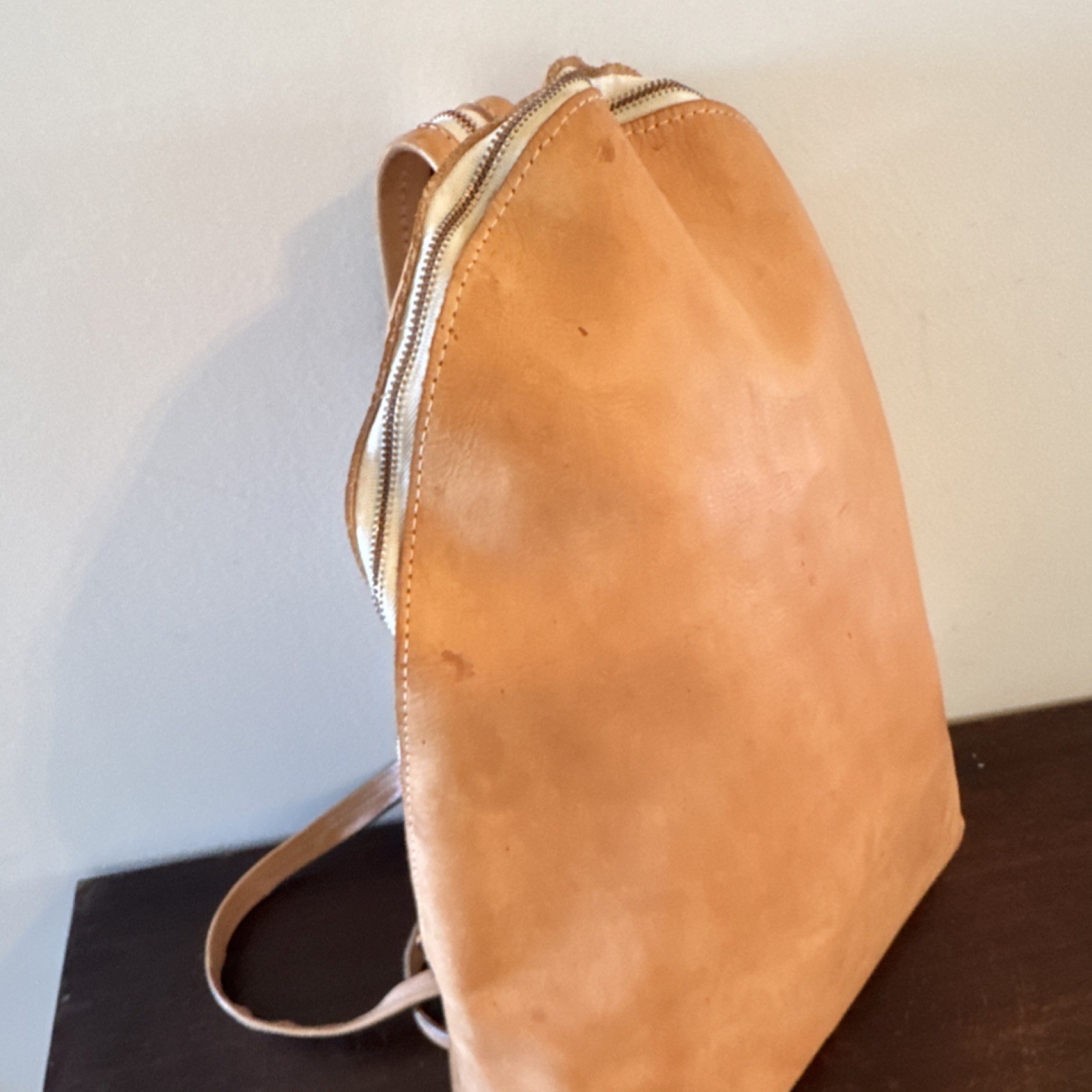 YIELD Tan Leather Backpack Zipper Accent Shoulder Strap Medium Solid