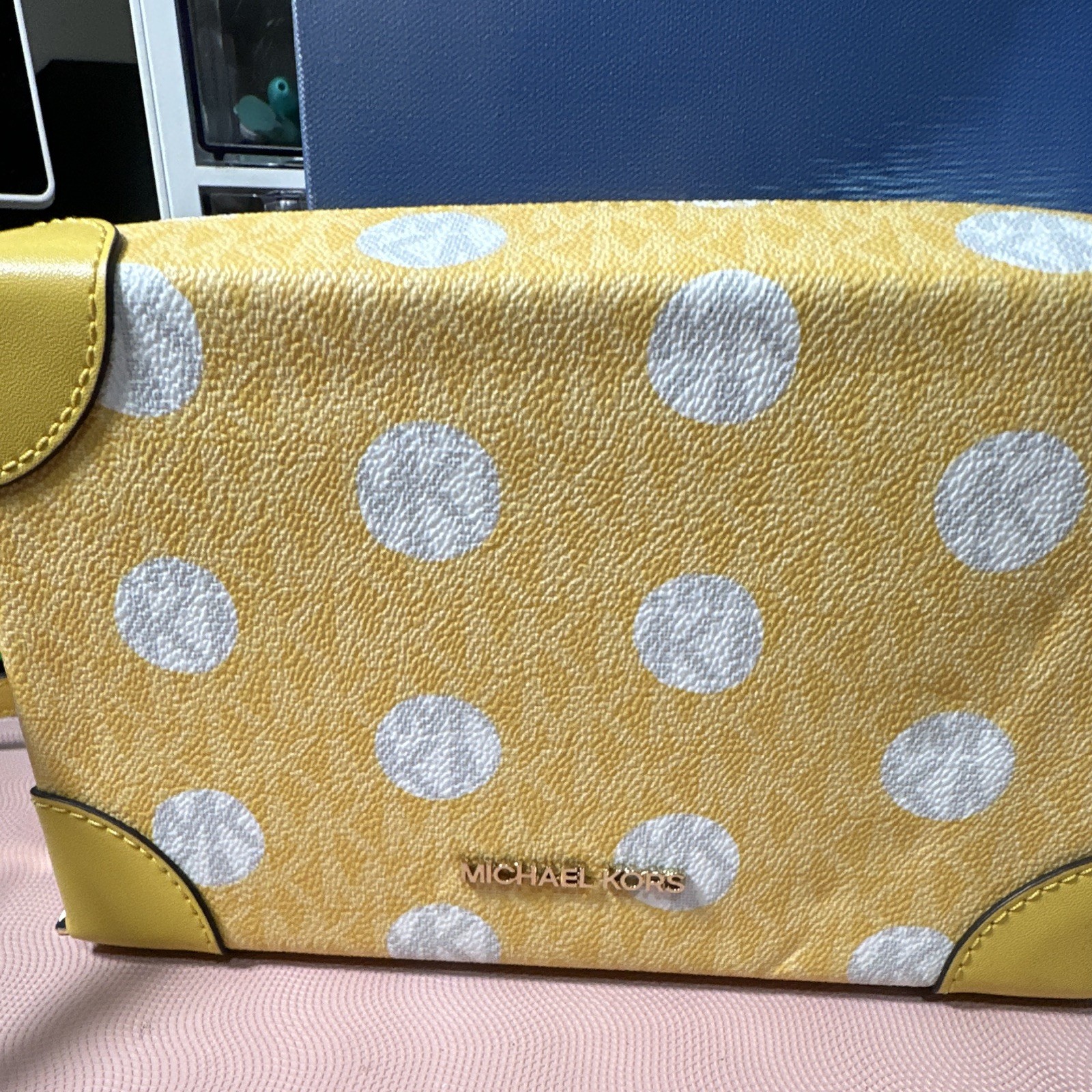 Michael Kors Yellow/White Polka Dot Zip Trunk Crossbody Purse and Wallet