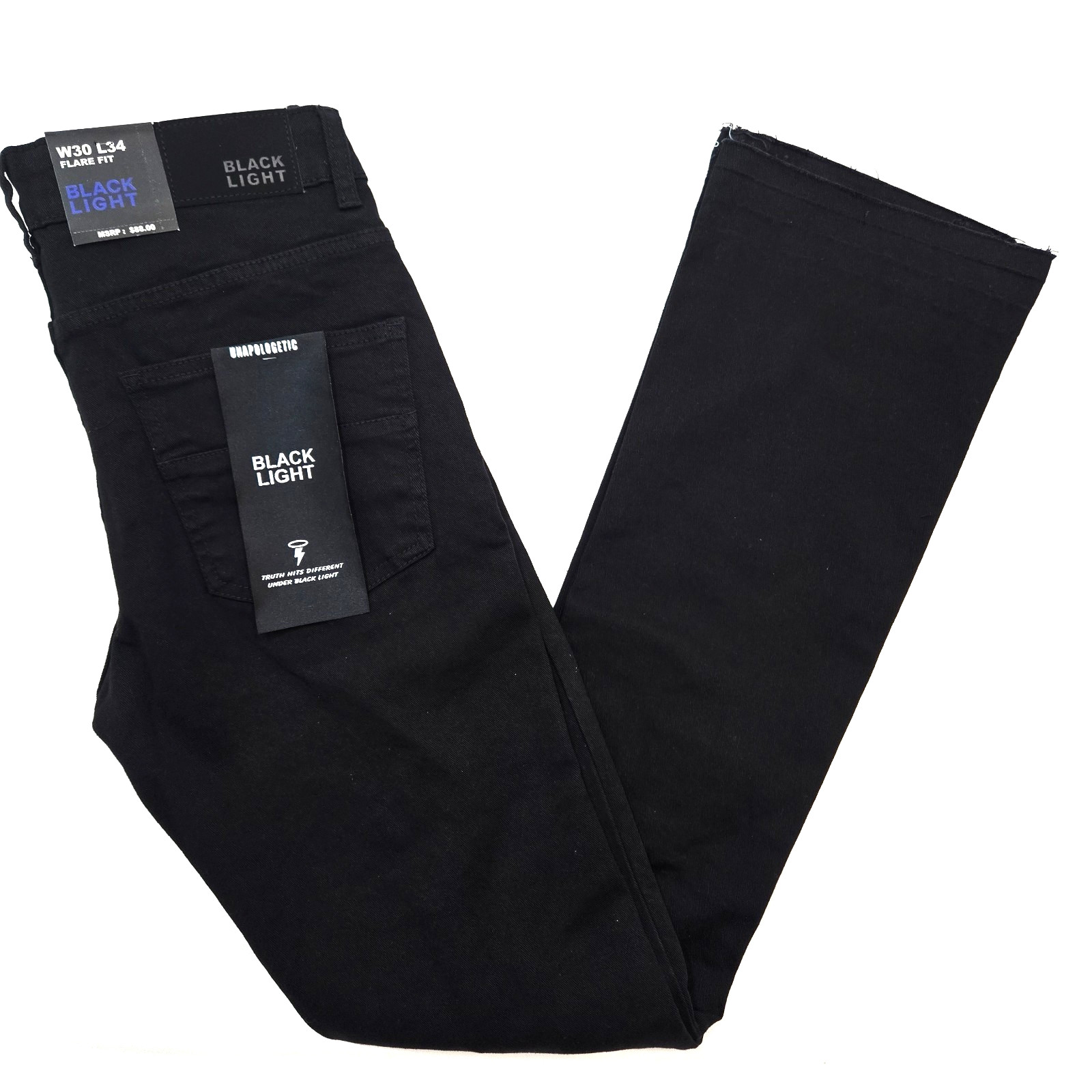 Black Light Men Jean Stretch Slim Straight Flare Fit Jet Black Denim Rhinestone