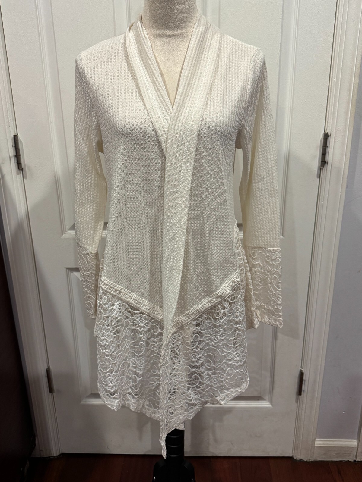 Forgotten Grace Open Front Cardigan Ivory Cream Lng Slve w/Lace Sz XL 26″Lx22″W