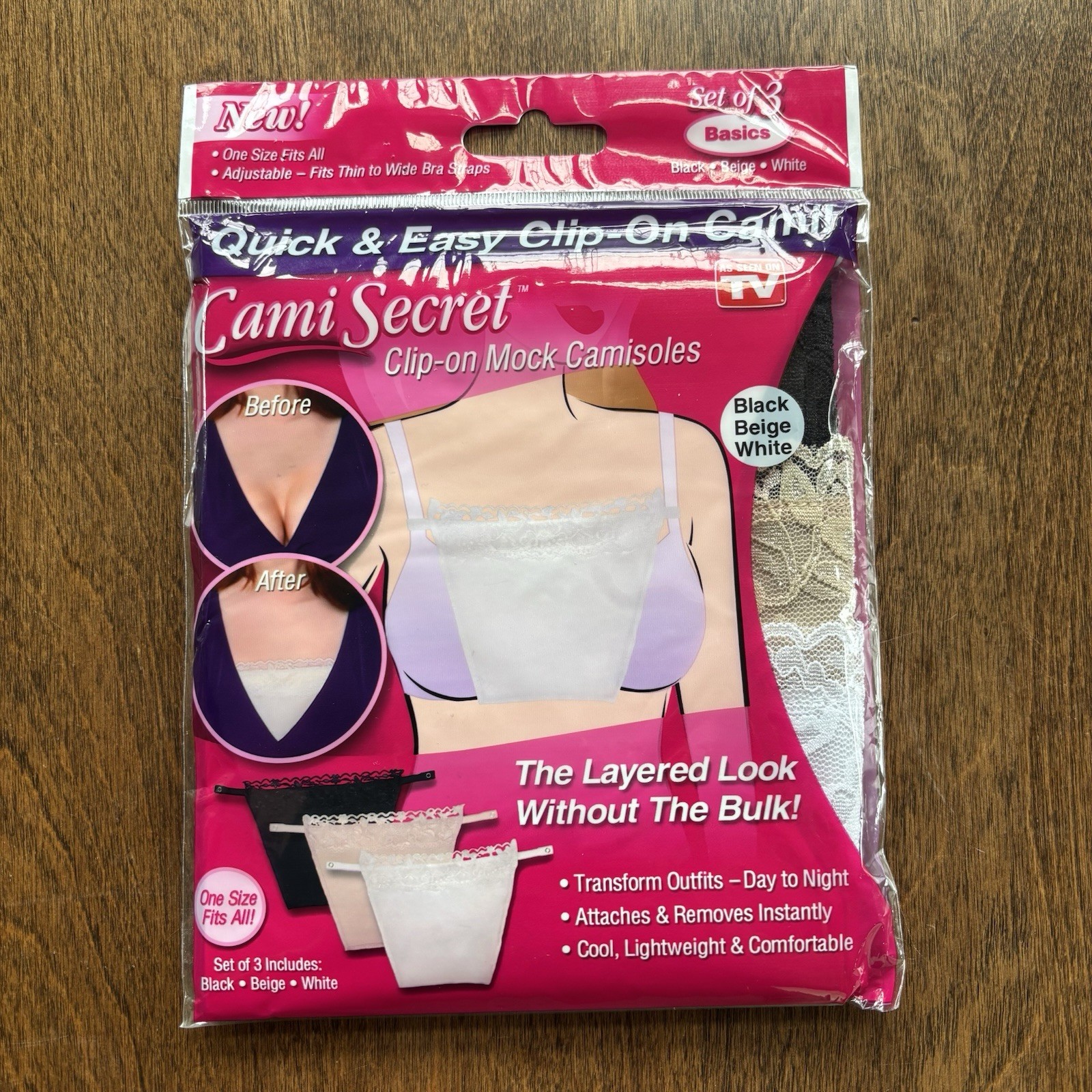 Cami Secret As Seen On TV Clip On Mock Camisoles Set Of 3 Black/Beige/White NIP