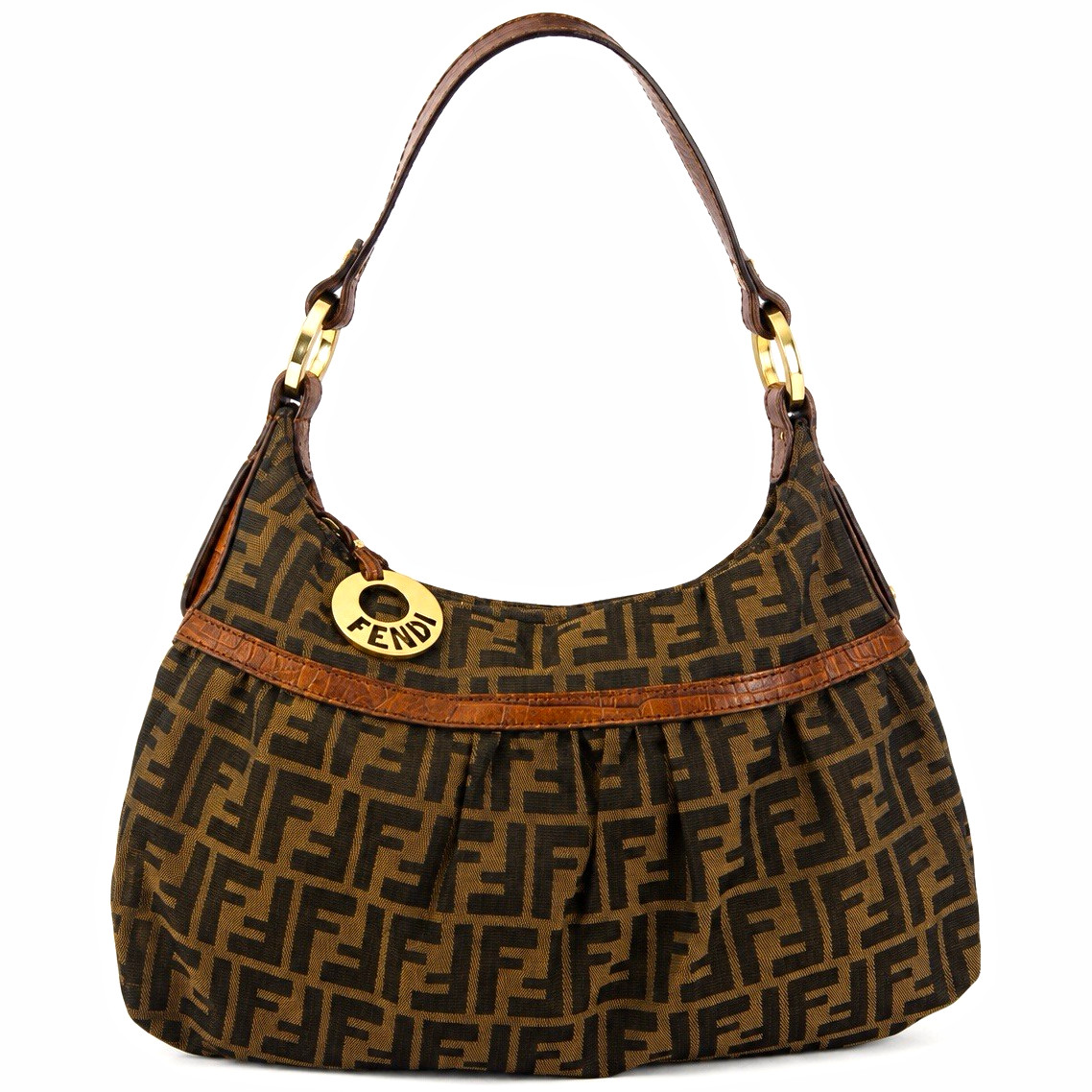 Fendi Zucca FF Monogram Brown Shoulder Bag Zip Gold Hardware Bag Charm Medium