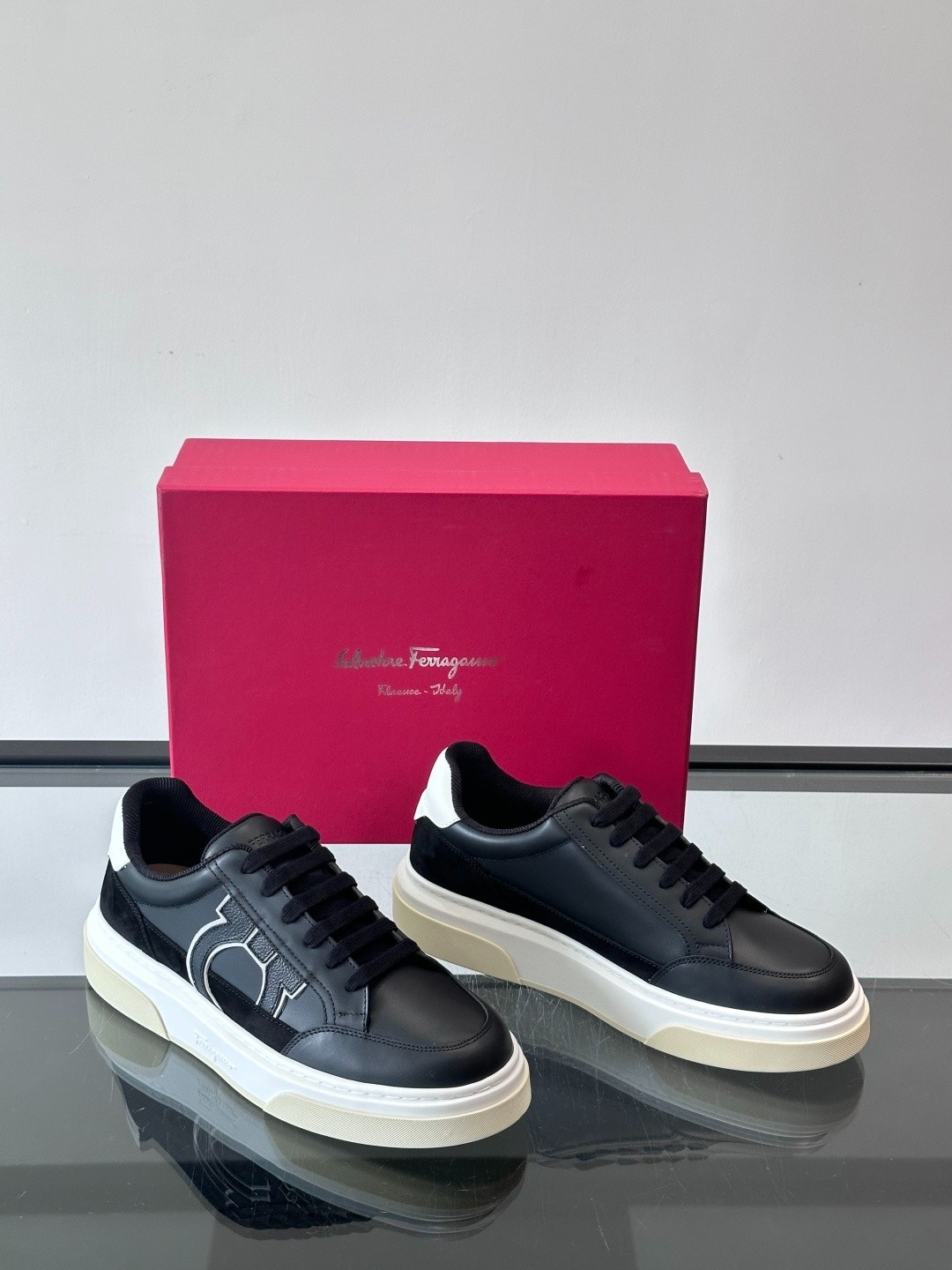 Salvatore Ferragamo Black Gancini Leather Sneakers Designer Shoes