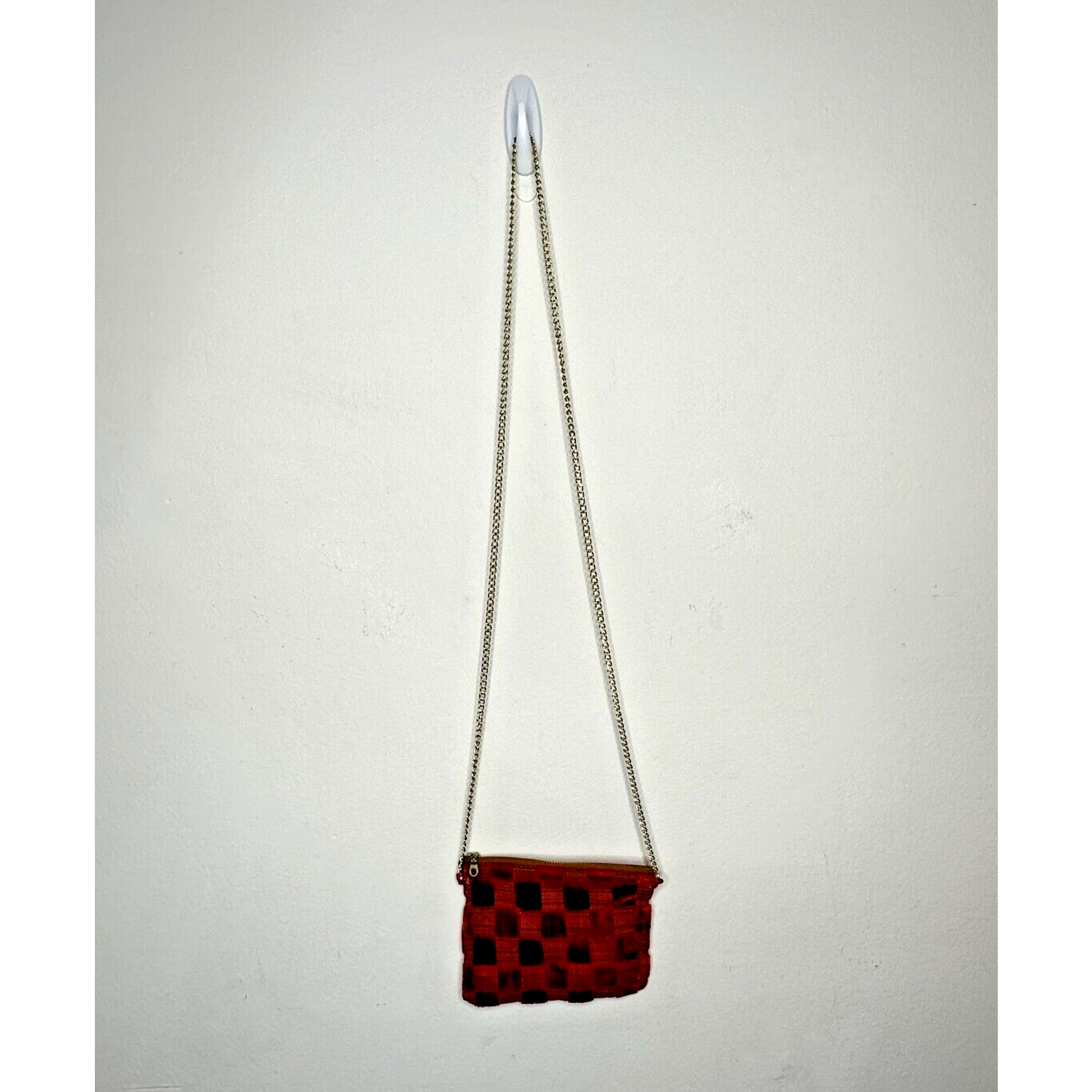 Rust Orange Velvet Checked Gold Chain Strap Zipper Top Slim Mini Purse
